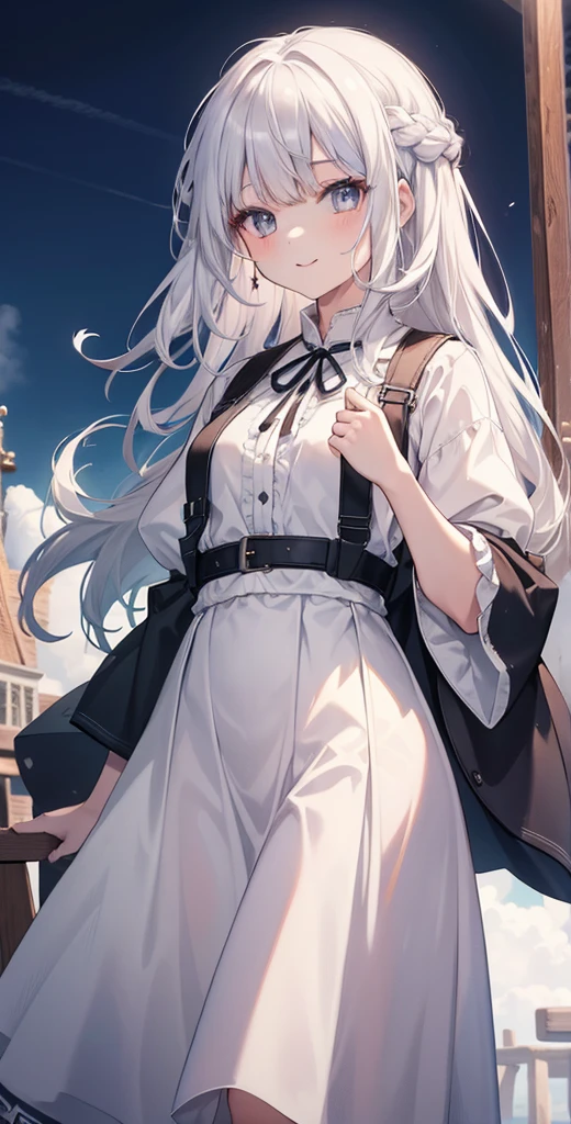 masterpiece, highest quality, High resolution, KR1, gray eyes, smile, fringe, white shirt, long skirt, small breasts, long white hair, cowboy shot,RPG Traveler、otherworldly clothes、wandering people