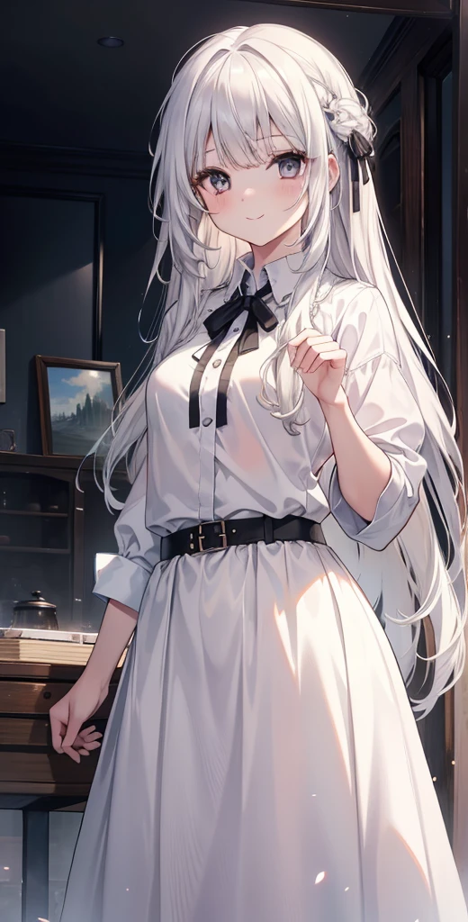 Anime girl with white hair and cat ears, ruby eyes, shy, blush, medium breast, bare legs, dress, high contrast, soft light, master piece, extraordinary nice