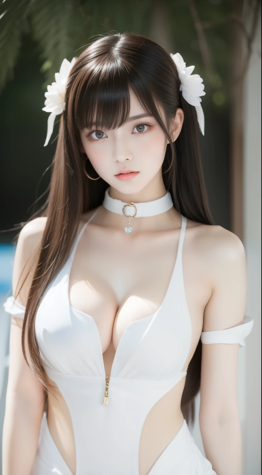 Beautiful woman with perfect body：1.3，layered hairstyle，Protruding cleavage，White 2D costume：1.5，Highly detailed facial and skin textures，double eyelids，whiten skin，long hair，collar，Poolside