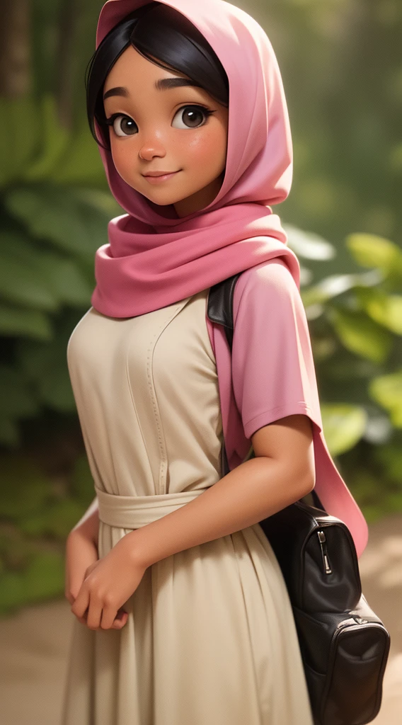 generate picture a beautiful Bandung girl wearing a hijab and dimpled cheeks, smiling teeths, about ************, (plain pastel pink hijab), (medium shot portrait:1.3), dramatic light, Rembrandt lighting scheme, (hyperrealism:1.2), (8K UHD:1.2) , ( photorealistic:1.2), shot with a Canon EOS 5D Mark IV, facial detail, skin texture detail. walking  relax in tarkin rainforest while a few ceratosauruses  walking beside her