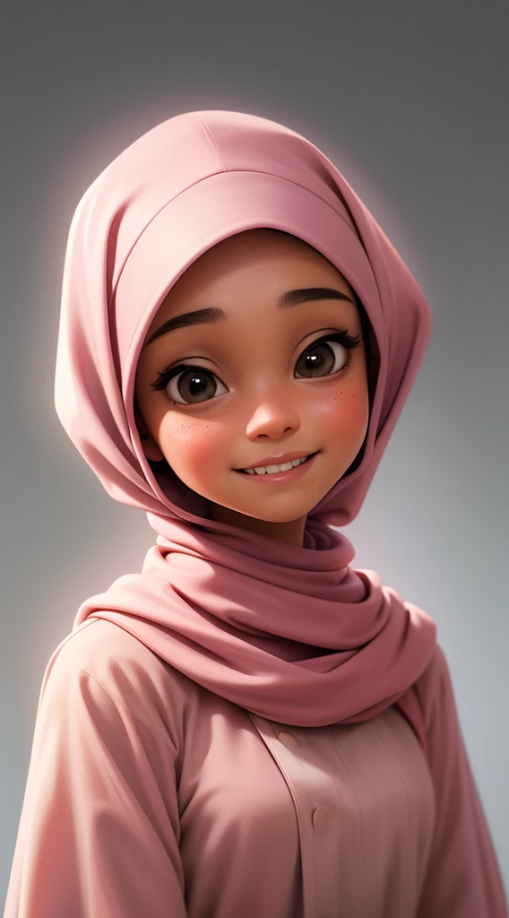 generate picture a beautiful Bandung girl wearing a hijab and dimpled cheeks, smiling teeths, about 17 years old, (plain pastel pink hijab), (medium shot portrait:1.3), dramatic light, Rembrandt lighting scheme, (hyperrealism:1.2), (8K UHD:1.2) , ( photorealistic:1.2), shot with a Canon EOS 5D Mark IV, facial detail, skin texture detail. walking  relax in tarkin rainforest while a few ceratosauruses  walking beside her
