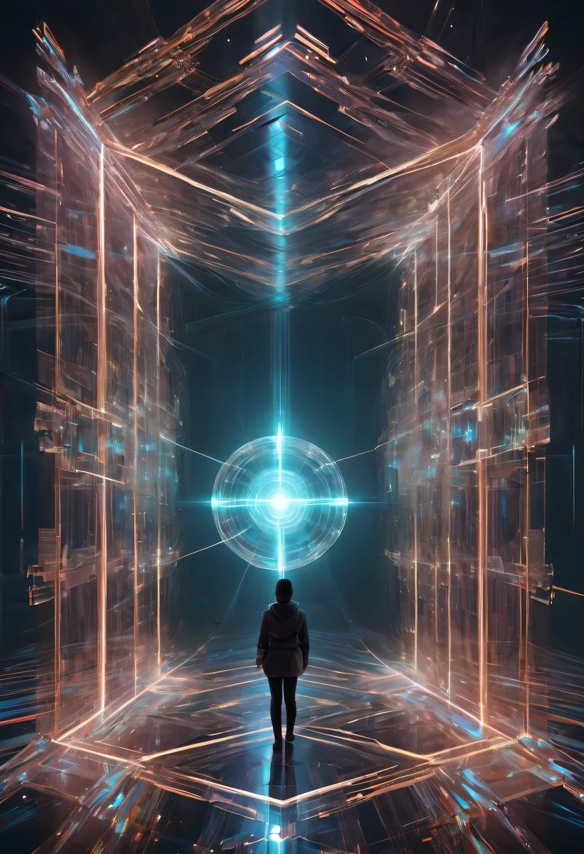 (Optical illusion art:1.5),Four-dimensional space,digital matrix,metal module,Stereoscopic illusion,mechanical structure,perspective illusion,Optical illusion art,science fiction, Transparent and ethereal,cyberpunk,Holographic projection,mechanical aesthetics,neon lights,laser light,fluorescence,glow effect,liquid metal,Copper plate engraving,Unreal Engine,