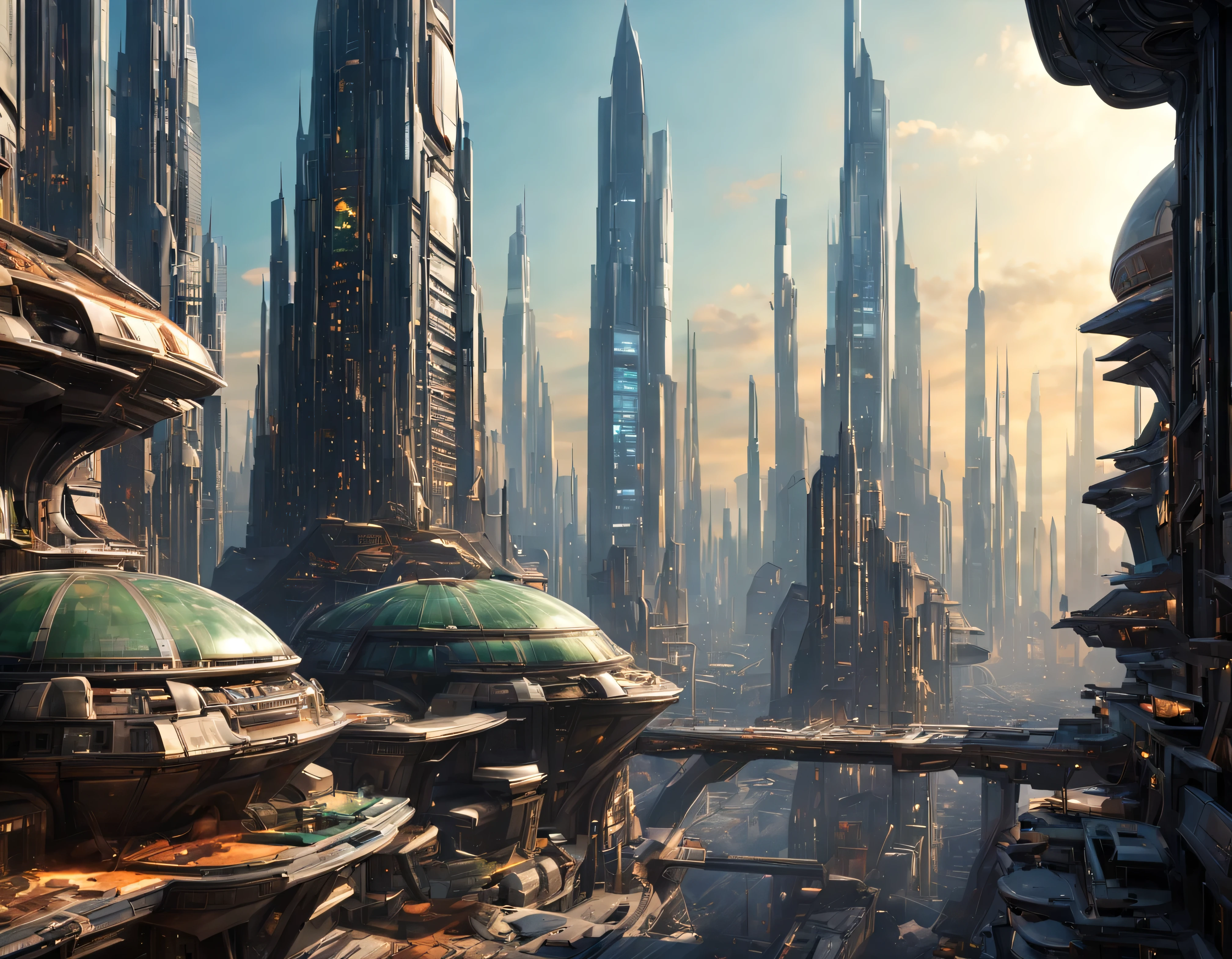 (The city of Coruscant from Star Wars as designed by Doug Chiang), futuristic fantasy city with immense buildings of technological design (que forman una avenida infinita), edificios compactor no difuminados con aspecto metalico, luces en ventanas en edificios, iluminacion diurna con sol, con estructuras acristaladas espectaculares, (con colores vivos). pavimento ensolado (sin brillo). gente paseando. imagen bien definida con muchos edificios juntos. imagen nitida bien definida 8k. los edificios llegan alta el fondo.,8k. imagen cinematografica. ((obra maestra de superior calidad)). (renderizado 3D).