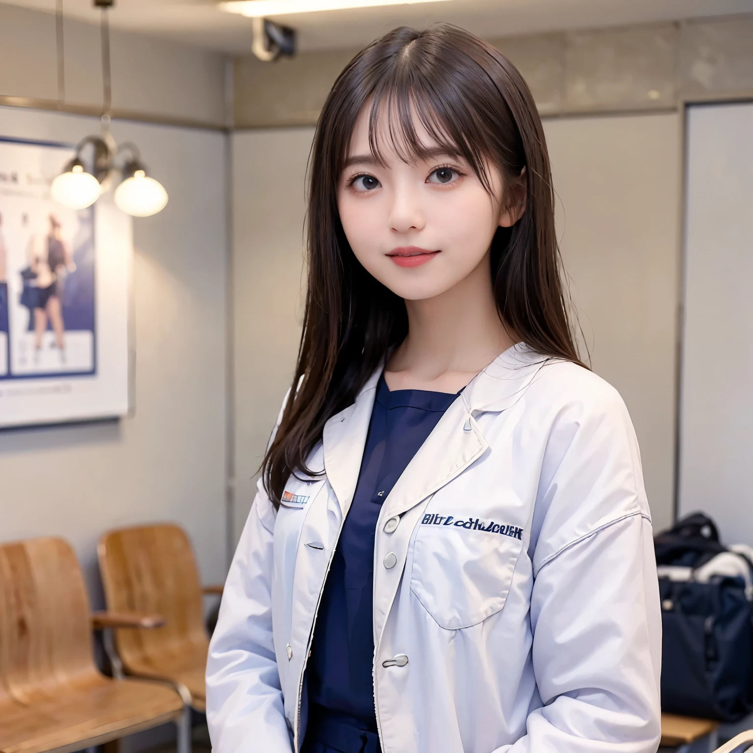 ((highest quality, 8K, masterpiece: 1.3)), woman, perfect skin, straight hair, latin aspects, female doctor, Examination at the hospital, delicate face, Hospital environment, Hospital Teacher,smile,joy,I&#39;m wearing a white coat