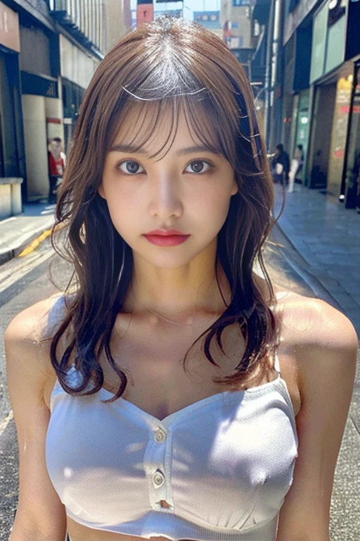 ((highest quality、8K、masterpiece:1.3))、sharp focus:1.2、beautiful woman with perfect body:1.4、slim abdomen:1.2、((long hair、huge tit:1.2))、(No bra) (small and beautiful hard nipples) (thin, Damp buttons down shirt length:1.1)、(rainで濡れた白いシャツ)、(rain、street:1.2)、wet body:1.1、Highly detailed face and skin texture、 detailed eye、double eyelid、sunburnした肌、Sexy、sunburn