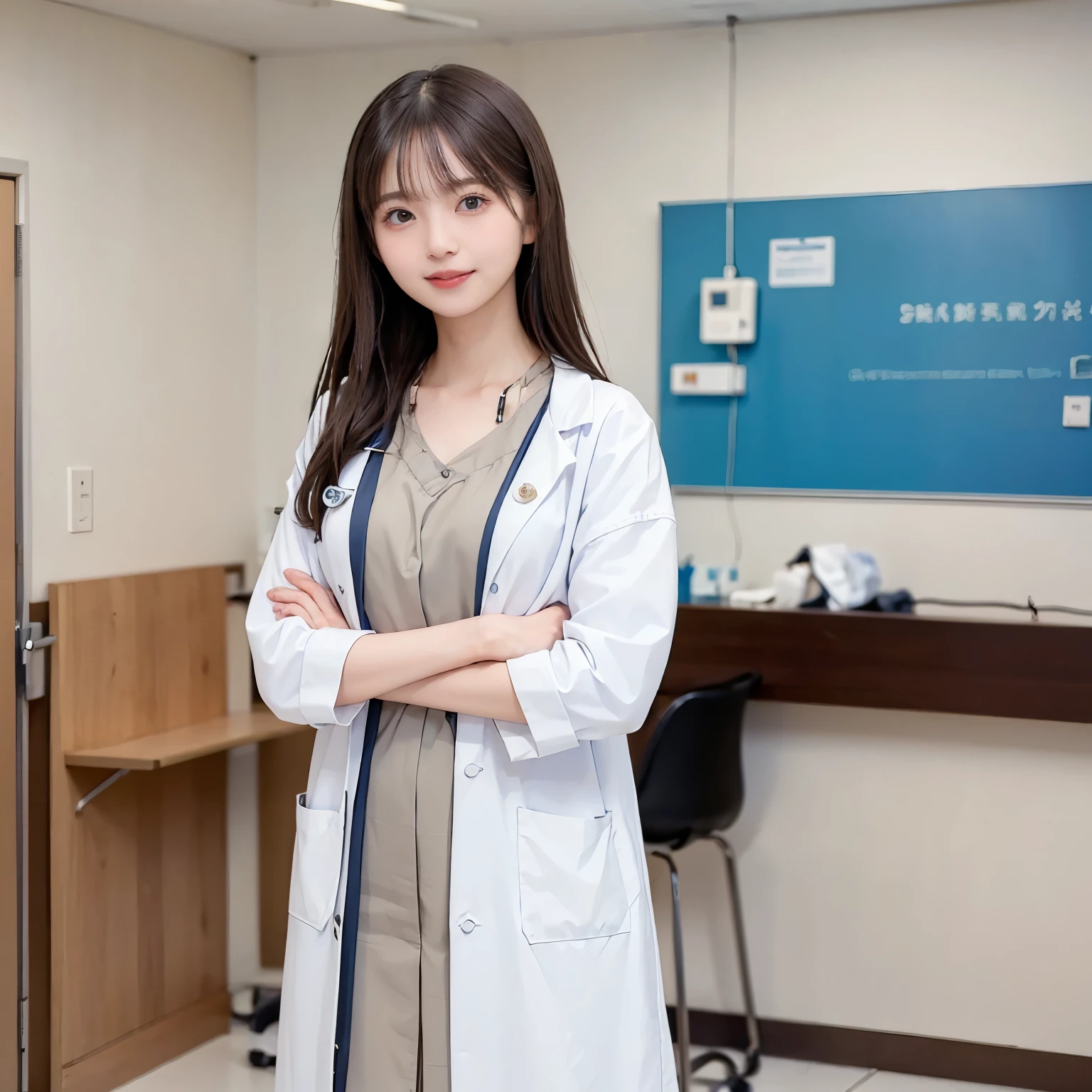 ((highest quality, 8K, masterpiece: 1.3)), woman, perfect skin, straight hair, latin aspects, female doctor, Examination at the hospital, delicate face, Hospital environment, Hospital Teacher,smile,joy,I&#39;m wearing a white coat