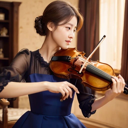 (highest quality), (8K), (highest quality), (real photos), (realistic pictures), Beauty playing the violin、Topless、dress