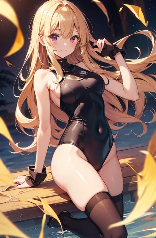 ((highest quality))、((8K))、((High resolution))、((masterpiece))、((Super detailed))、(One )、((Looking at the camera from the front))、((photo from the knees up))、((standing))、Lower both arms、golden hair that shines golden、Red eyes that sparkle like jewels、beautiful and smooth long hair、Big, strong eyes、A triumphant smile、((Perfect and beautiful fingertips))、School swimsuit with deep dark color、beautiful and adorable vampire、(black stockings)