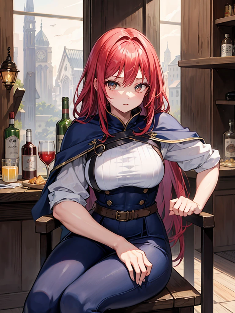 (((masterpiece、Highest image quality、highest quality、highly detailed unity 8kwallpaper)))、(((Illustration of one girl、beautiful girl)))、(adventurer)、(((neutral)))、cool、((red hair、long hair、golden eyes))、((tall))、(((muscular and strong body、muscle girl、muscle、stocky build、thickset physique、muscular legs、muscular arms、broad shoulders、solid chest)))、(((manspreading、sitting in a chair)))、(((Clothing in the style of the Middle Ages、adventurer風の服、adventurer風の装備)))、(Medieval tavern、Liquor bottle on the table)