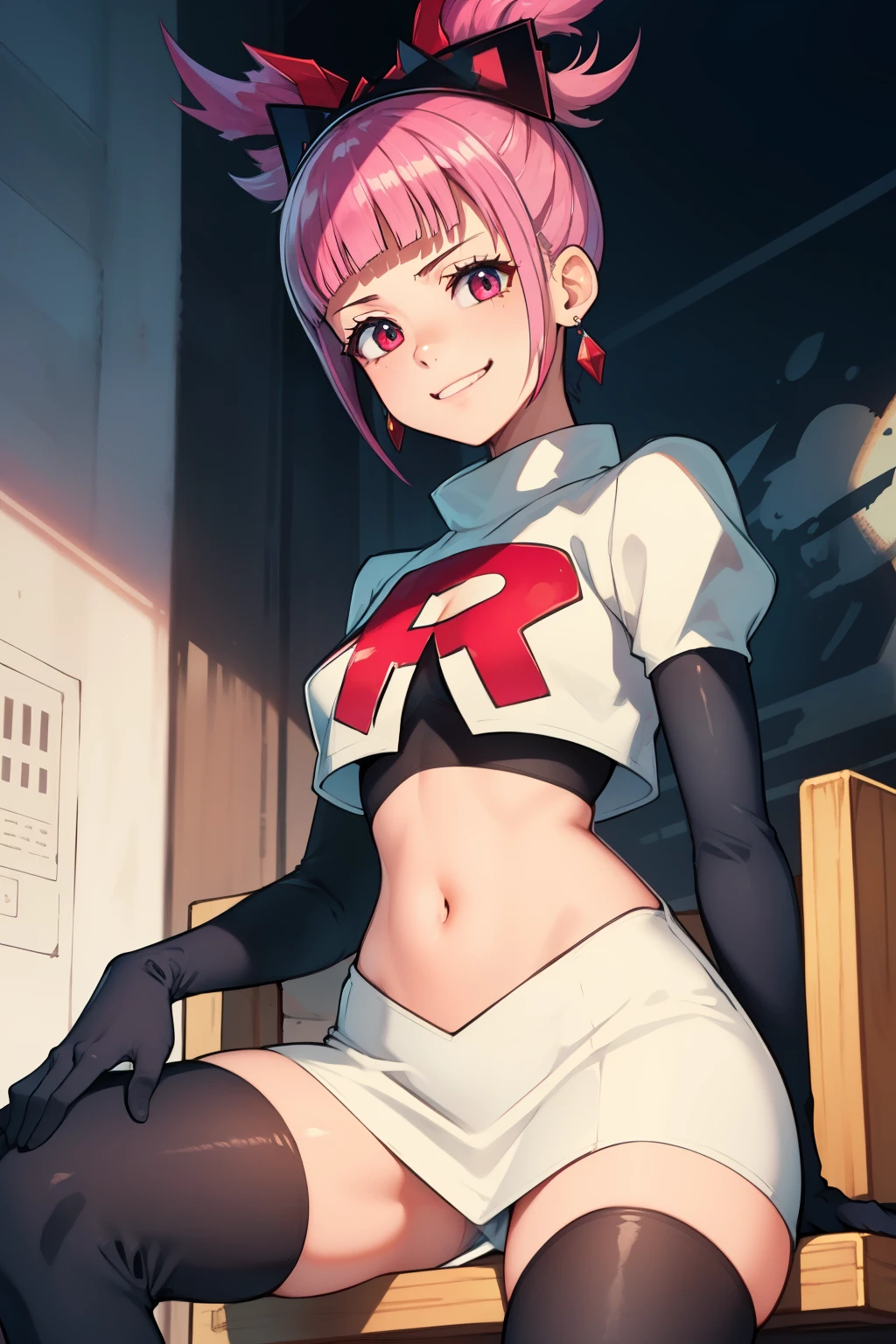 Hortensia, Hortensia \(Fire Emblem\), pink hair ,glossy lips, earrings ,team rocket, team rocket uniform, red letter R, white skirt, white crop top, black thigh-highs, black elbow gloves, evil smile, looking down on viewer, sitting down ,legs crossed, night sky background