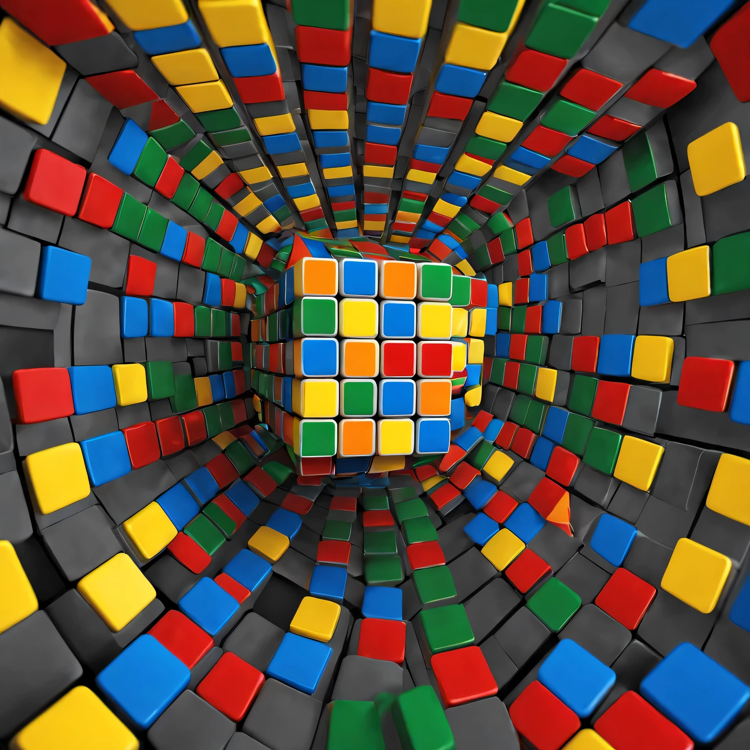 Fascinating Rubik's Cube with optical illusion,colored cubes,floating cube,puzzling puzzles,serenebackground,Geometric patterns,intricate details,3d rendering,masterpiece:1.2,high resolution,charming pattern,bright colors,sharp focus,Realistic lighting,Thought provoking,hallucination effect