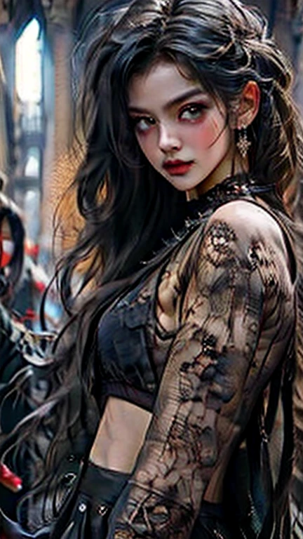 (best quality), (high detail), (close up),(vampire fangs), (1girl), a beautiful gothic vampire with snow white skin jet black hair and mascara running down her face, (fangs), crazy smile, (black and white effect), (black roses), dark and foggy background, HDR, 4K, 3D