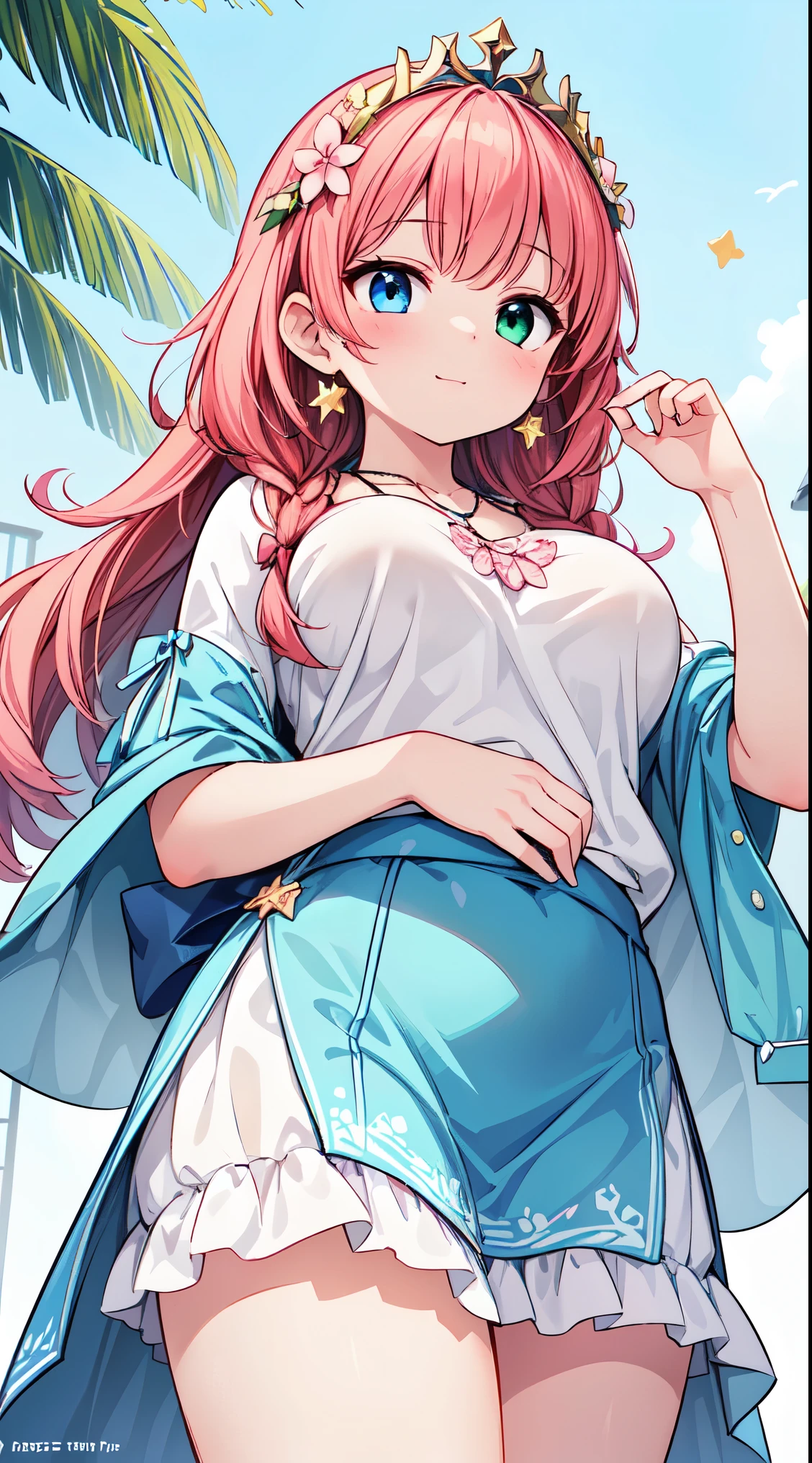 (super fine illustration:1.2),(masterpiece, 8k), (best quality, high quality:1.4), perfect anatomy, hyper detailed, ultra detailed,masterpiece background,beautiful detailed background, v8k wallpaper,perfect design,award-winning art,atmospheric,
BREAK, one beautiful girl, (17 year old girl),alone,(kawaii:1.5),(Chibi:0.6),(cute:1.5),(:1.5),break,(17 year old girl), one beautiful girl,very detailed,Colorful,best details,transparent skin,Shining beautiful skin,shy,very detailed,Colorful,best details,BREAK,transparent skin,Shining beautiful skin,shy skin,break,(heterochromia,blue eyes,green eyes, eye highlights,first ultrafine star:1.45),star eye silhouette ,BREAK,(pink hair, semi-long hair, bow:1.4),(twin braids,slightly curly hair,princess cut, crossed bangs:1.3),(big breasts,beautiful breasts:1.5),(long eyelashes, double eyelid:1.2),alone,glowing skin, transparent skin, Shining beautiful skin,(highest quality face),(highest quality bright eyes),(light smile:1.45),
BREAK, (1girl, solo, looking at viewer, walking:1.2), (Amusement park:1.2), (attractions, theme parks, roller coaster:1.2), (ferris wheel:1.2), (flower, fountain:1.2), (outdoor:1.2), beautiful detailed sky, dating, sunlight, beautiful lighting, volumetric lighting,
BREAK ((white camisole), detailed frilled camisole), (red skirt, detailed laced skirt), (tiara, necklace, earrings), (flower crown, flower head, side flower head, flower hair ornament:1.5)
BREAK,wakame,wakame,wakame,(cowboy shot,from below:1.5) ,
BREAK,(Blurry background:1.3),(absurderes, hight resolution, Super Detail Art),cel shading,Clear Color, Lonely optical effect, Beautiful pictures, Bright glow, mystic atmosphere,(Close-up of girl:1.1), Mystical light particle effect,manga influence, clean line drawings,