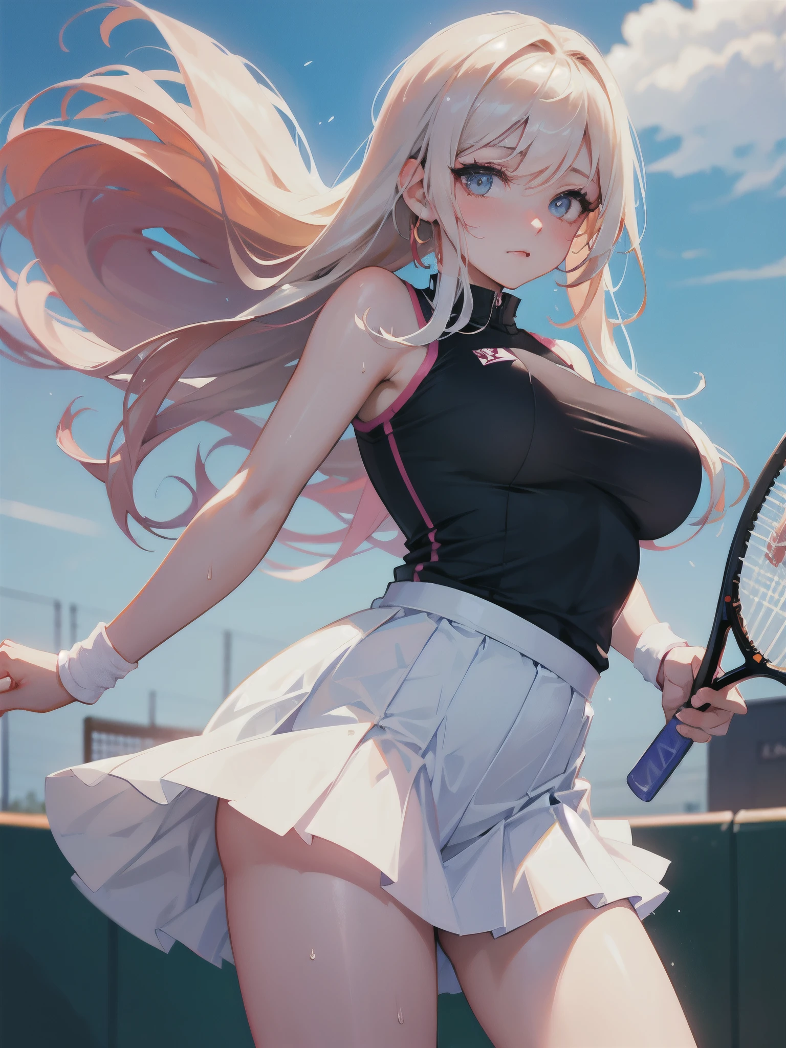 high quality,hd,16k,sharp line,1girl,female sport tennis athlete ,skirt lift up,cute face, large breasts, nice legs, sweat,in tennis venue,focus girl,detailed beautiful face,detailed clothes,beautiful eyes,pretty,dynamic angle