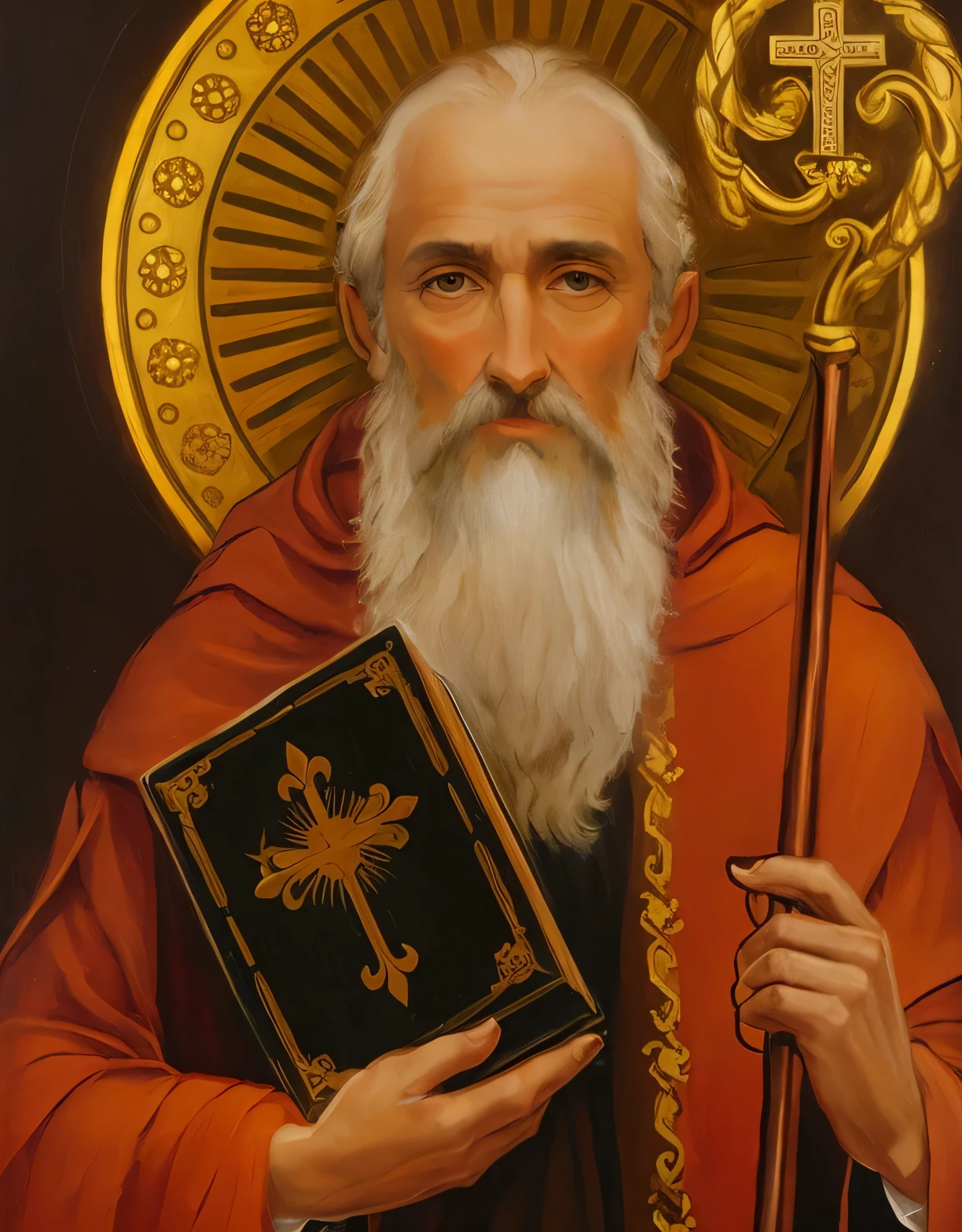 uma pintura de um homem segurando um livro e uma cruz, santo ortodoxo, Christian saint rosace, Christian saint, por Aleksander Gierymski, inspired by Nicomachus of Thebes, Santoly, Hermes Trismegisto