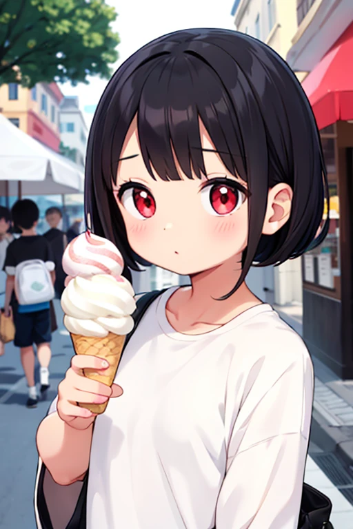 {{{masterpiece}}}, {{{highest quality}}}, {{super detailed}}, , {{very delicate and beautiful、 beautiful and fine eyes}} ,((Have a soft-serve ice cream))、black hair、red eyes、small curve 1.2、cute 、street:1.3、、cinematic angle:1.5、