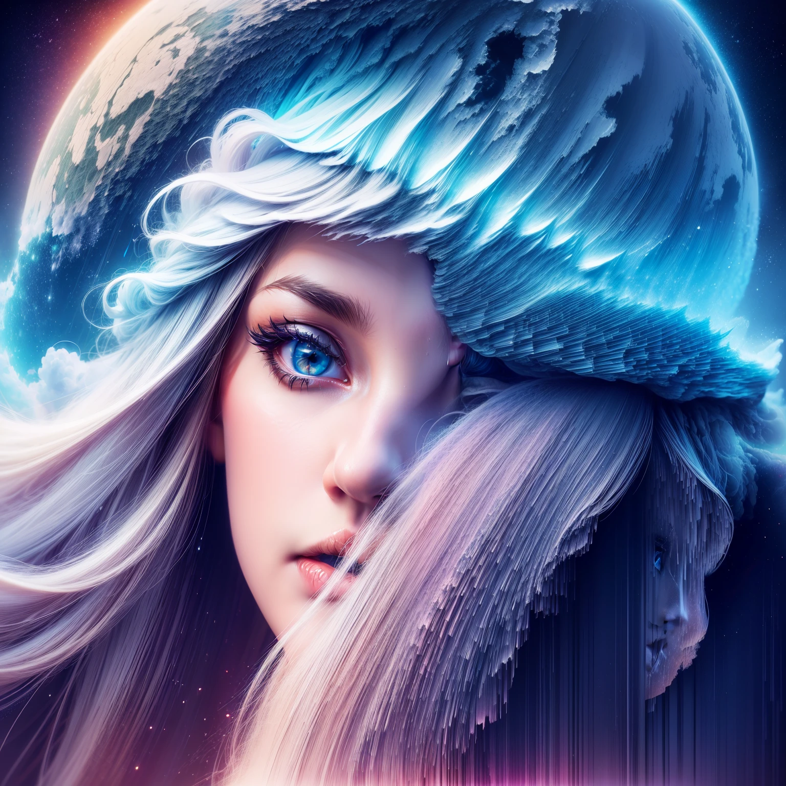 pixel sorting, very pretty girl emerged in eternal tera stream of everlasting data flowing through infinite light dispersion loop in the world of chaotic undulation optical illusions, celestial outerworld, lut, hdr, dramatic light, digital art, redshift render, raytraced image, behance hd 