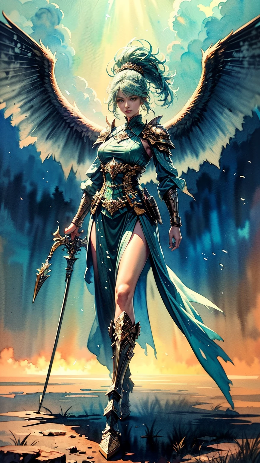 a full body picture of figures,Depicts a fantasy female warrior in a holding a staff。bright green eyes, standing in an imposing pose looking at the viewer,The expression is threatening。full battle outfit in shades of green。Soft, warm lighting highlights her thoughtful gaze。Create using:digital strokes、Reflect emotions、fantastic dream scene、Detailed character research、ambient color、chaotic atmosphere、glibatree tips、HD quality、Natural look。Focus on showing the power and of female warrior, (watercolor painting:1.5),(Super high saturation, bright and vivid colors:1.5), (nsfw), (Look at the audience head-on:1.5)