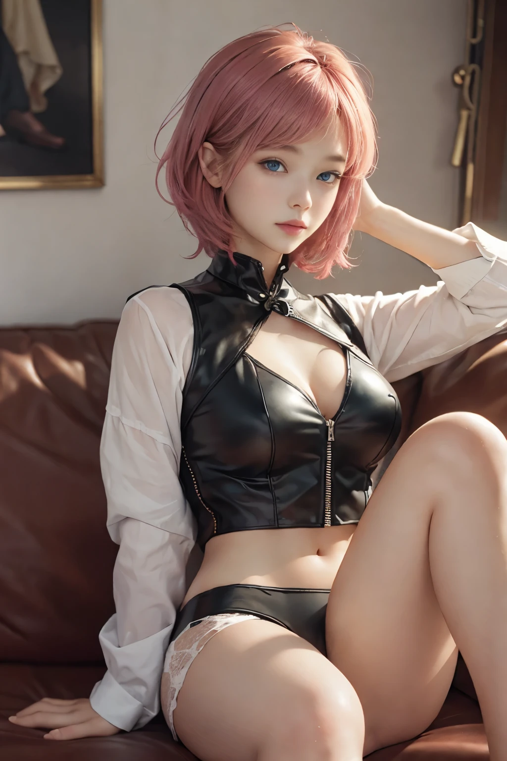 20yo woman, (masterpiece: 1.4), (8K, reality, original photo, best quality: 1.4), Japan, (1 girl), beautiful face, (Real faces: 1.4), (pink hair, short hair: 1.3), hairstyle, Realistic blue eyes, beautiful details eyes, (reality皮肤: 1.3), beautiful skin, Attractive, ultra high resolution, Super realistic, HD, golden ratio, (Detailed face: 1.4), (Japan演员: estuary), Sheer vest,粉色short hair,White透明,White,NSFW,big,big屁股强调,The nipple areola is clearly shaped,looking into camera,Sitting on the sofa,pubic shape is transparent and clear,posture(Bend your knees and legs open)