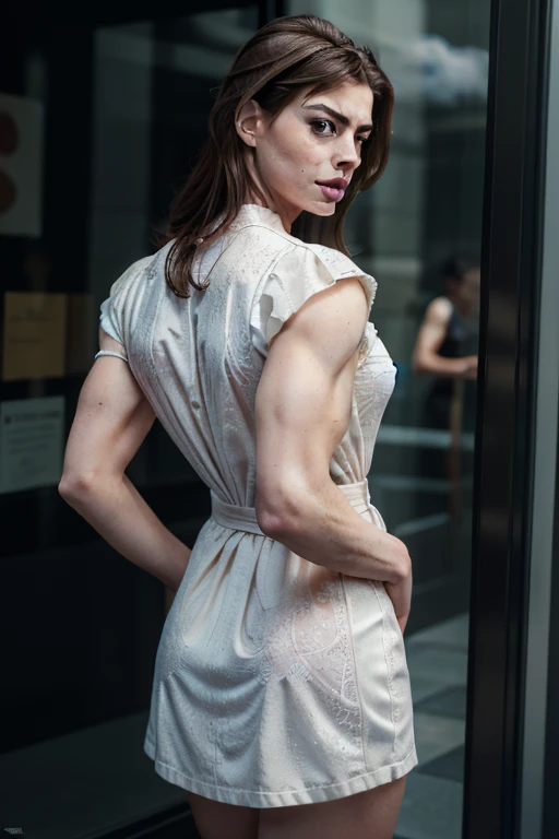 Anne Hathaway is a heavily muscled iffb pro female bodybuilder, (RAW photo:1.2), (Photorealistic:1.4), Beautiful detailed girl, Very detailed eyes and face, Beautiful detailed eyes, Absurd, Incredibly Ridiculous res, hugefilesize, Super detailed, high resolution, Very detailed, Best quality, Masterpiece, illustration, Very detailed, CG, unified, 8K wallpaper, Amazing, Fine details, Masterpiece, Best quality, Very detailed CG uniform 8k wallpaper, The light from the back window is backlighted, Cloudy, Cinematic lighting, 1girll, 16 years old, Mini tube shirt, short minidress ((aroused: 1.9)) , Detailed , The night street of the euro