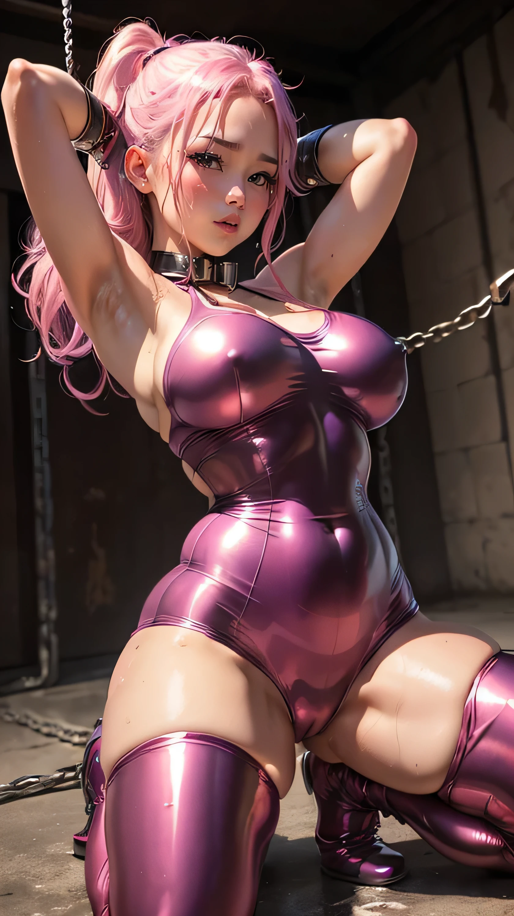 ((Super shiny metallic pink full body suit and tights that look like a mirror)) korean idol blonde ((mature woman)) big breasts Plump Chubby Amazing sweat ((I'm sweating a lot、Sweat runs down)) ((Beautiful armpits)) ((Skin slimy with sweat)) ((Plump bright red rouge lips)) ((Inside the torture chamber of a prison on a sultry summer night)) Sexy atmosphere ((A sensual gaze staring at you)) ((both hands are tied with chains)) Low angle shooting ((Restrained by a chained collar)) And wet floors masterpiece best quality open leg Mai Asakura looking at the camera