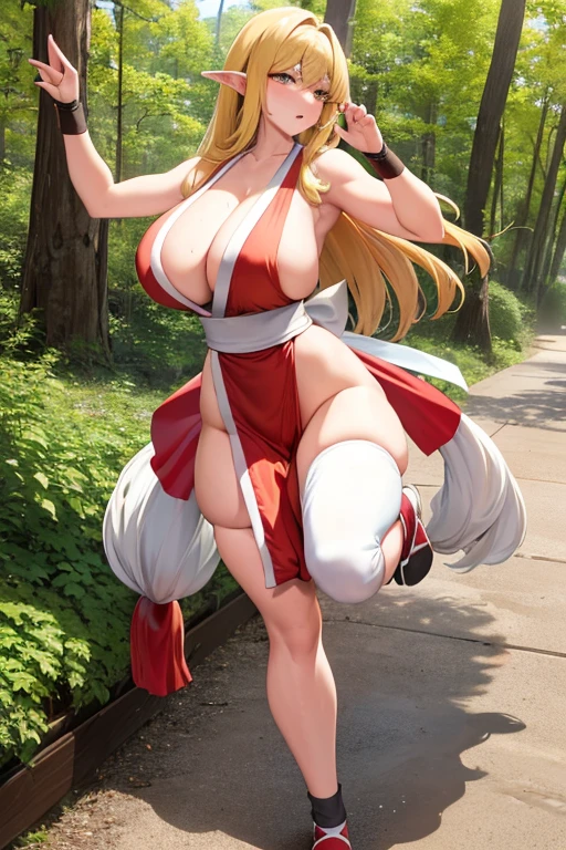 masterpiece, high resolution, best quality, beautiful art, 1 woman, solo, Tiffania Westwood, elf ears, mature woman, big breasted, cleavage, cosplaying as Mai Shiranui, sexy Japanese clothes, pelvic curtain, full body, sexy legs and thighs, sexy training, working out, stretching her body, sexy moves, bouncing breasts, beach environment