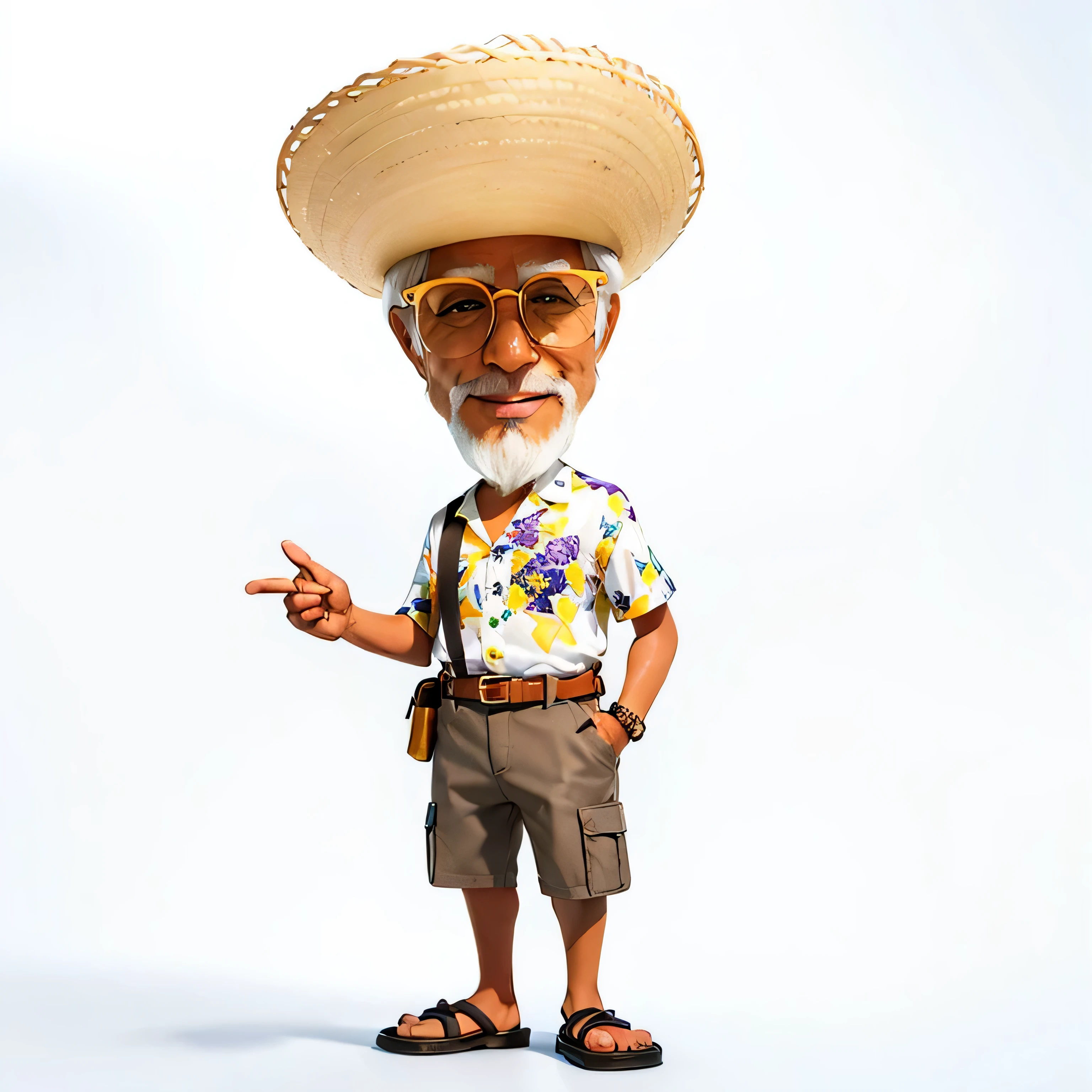 

65 year old man, (((dark-skinned person))), yellow straw hat, sunglasses, beard and white hair, standing (full body), very happy, presentation position, ((white background)), cartoon, 3D, 4K.