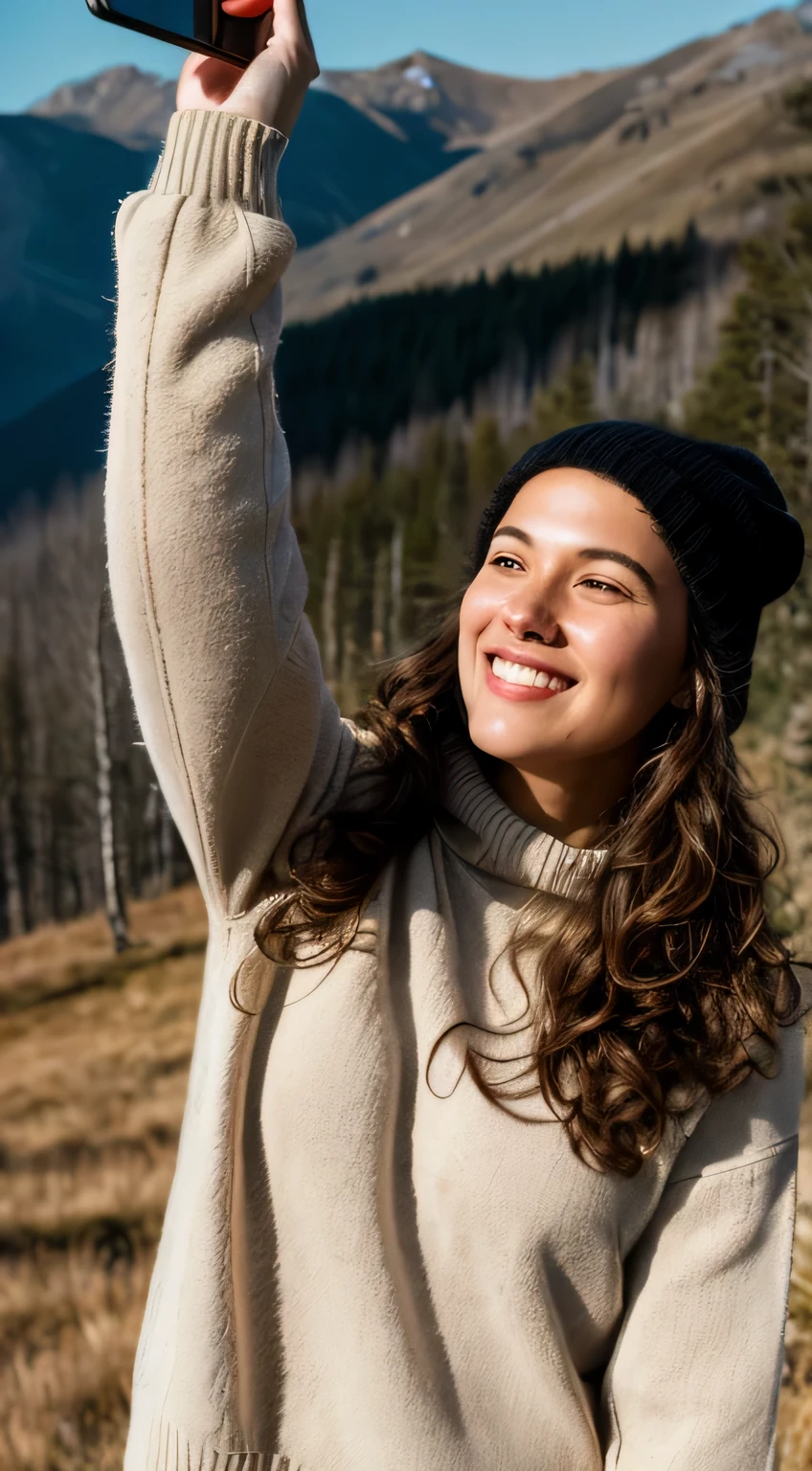 1 woman((upper body selfie, happy, LONG CURLY BRUNETTE HAIR)), masterpiece, best quality, ultra-detailed, solo, outdoors, (night), mountains, nature, (stars, moon) cheerful, happy, backpack, sleeping bag, camping stove, water bottle, mountain boots, gloves, sweater, hat, flashlight, forest, rocks, river, wood, smoke, shadows, contrast, clear sky, analog style (look at viewer:1.2) (skin texture) (film grain:1.3), (warm hue, warm tone) :1.2), close up, cinematic light, sidelighting, ultra high res, best shadow, RAW, upper body, wearing pullover
