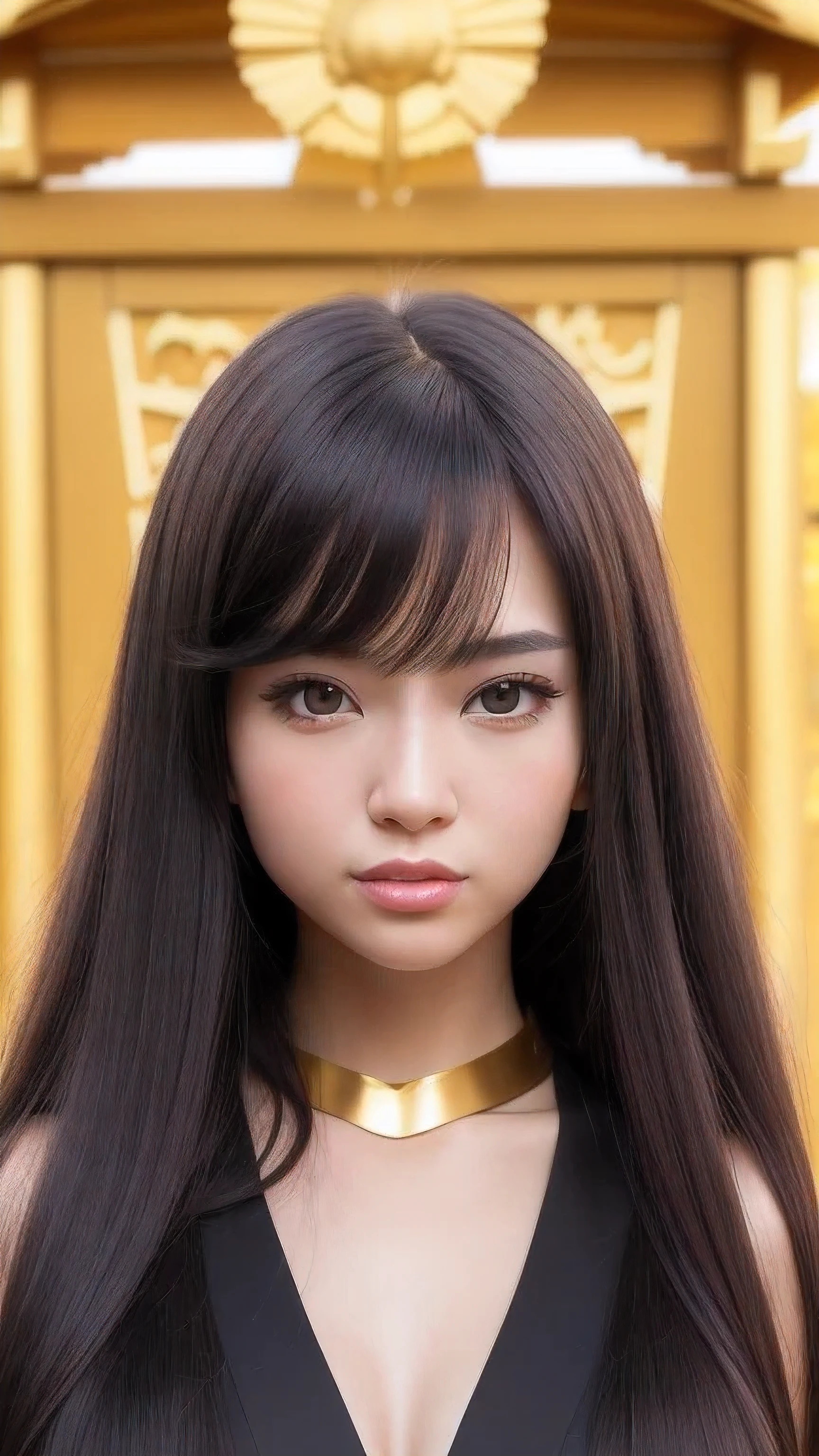 muste piece, best quality, High resolution, photoreaslistic, detailed face, 1 female,Front-facing, ((front viewing)), ((frontal face)), ((face view)), ((front view)), ((body front)), ((frontal body)), upper body whole body, Golden kanzashi hair, long hair, black hair, cute type,shy smile, shrine, shining background, Golden kimono