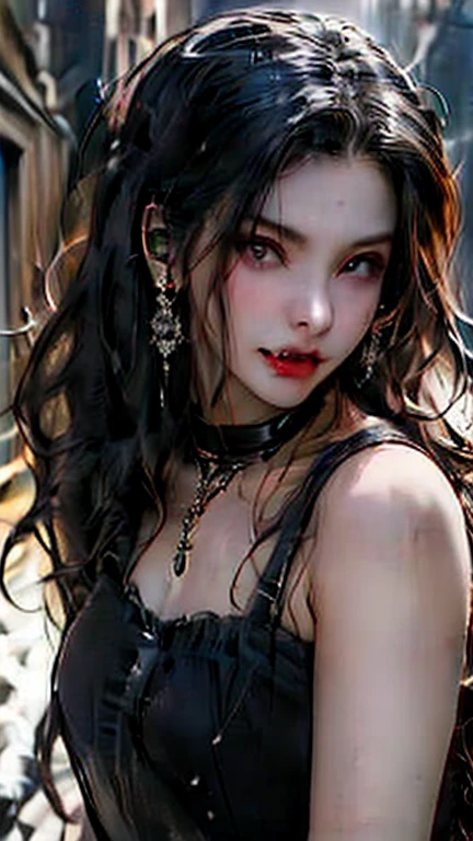 (best quality), (high detail), (close up),(vampire fangs), (1girl), a beautiful gothic vampire with snow white skin jet black hair and mascara running down her face, (fangs), crazy smile, (black and white effect), (black roses), dark and foggy background, HDR, 4K, 3D