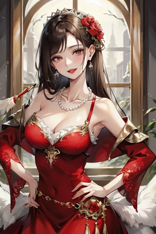 (best quality), (highly detailed), masterpiece, (official art),(lolopechka:1.2),smile, chicken,jewelry, necklace, earrings, hand on hip, holding fan, red dress, solo, cleavage, pearl necklace, dress, whisk, makeup, red lips, lipstick, smile, large breasts, lips, bare shoulders, open mouth, medium breasts, collarbone,  eyeshadow,blurry background,depth of field, best quality, masterpiece, intricate details, tonemapping, sharp focus, hyper detailed, trending on Artstation,1 girl, high res,facing viewer, official art