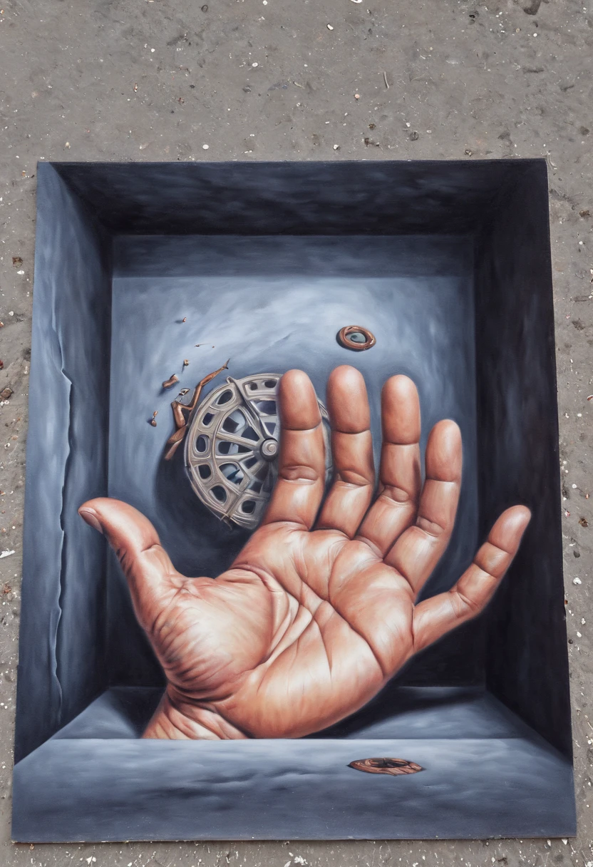 Optical Illusion art, Optical Illusion effect, 3d painting of cliff on the street, hand draw, reality, fantasy art, enhance, intricate, (best quality, masterpiece, Representative work, official art, Professional, 8k)
