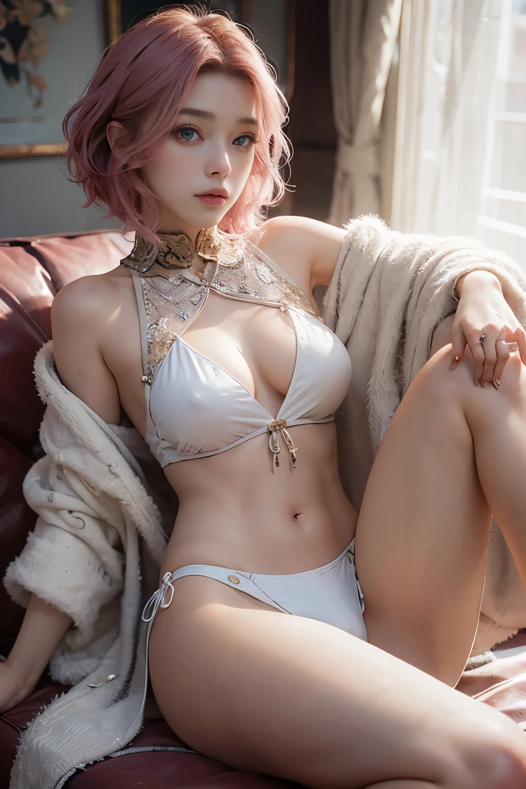20yo woman, (masterpiece: 1.4), (8K, reality, original photo, best quality: 1.4), Japan, (1 girl), beautiful face, (Real faces: 1.4), (pink hair, short hair: 1.3), hairstyle, Realistic blue eyes, beautiful details eyes, (reality皮肤: 1.3), beautiful skin, Attractive, ultra high resolution, Super realistic, HD, golden ratio, (Detailed face: 1.4), (Japan演员: estuary), Sheer vest,粉色short hair,White透明,White,NSFW,big,big屁股强调,The nipple areola is clearly shaped,looking into camera,Sitting on the sofa,pubic shape is transparent and clear,posture(Bend your knees and legs open)