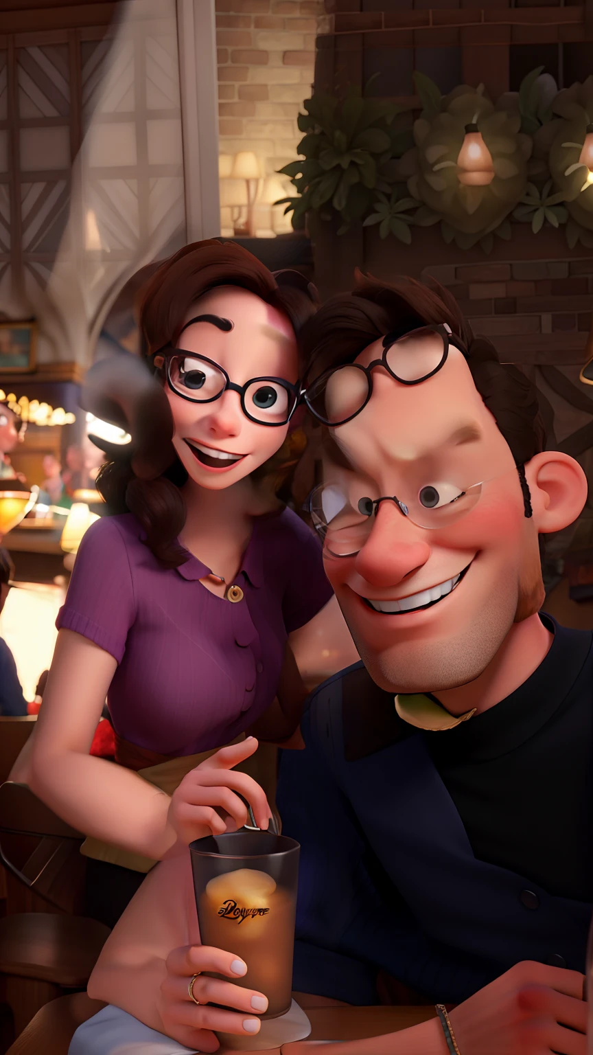 Disney Style Couple With Glasses Smiling In Restaurant.