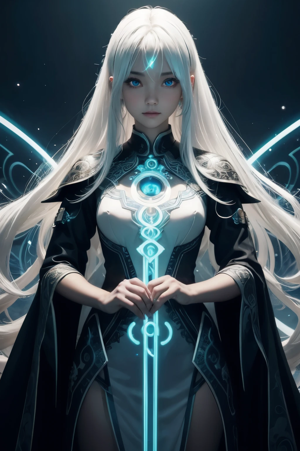 ((upper body)), best quality, masterpiece, a Japanese woman with ((Luminescence white hair)), ((detailed pearl blue eye)), high detailed goddess soul, focus on character, solo, (style swirl magic), solo, from front, front view, looking at viewer, detailed face, ((Luminescence Lighting Magic Circle theme)), perched on a ledge, tight neon body, light streaks, dark abyssal wanderer abstract, ((Simple Luminescence Neon Gown)), inscribed with mystical runes, outdoor dystopian background,