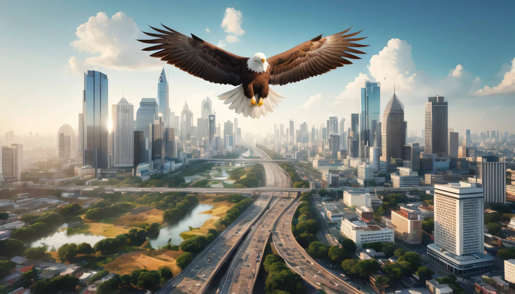 araffe flying over a city with a large bird in the sky, soaring above a dense city, flying over a city, flying in the air over city, city birds eye view, bird's eye view of a city, an eagle flying, in a flying city, inspiring birds eye vista view, 3 d render and matte painting, 2 0 2 2 photo