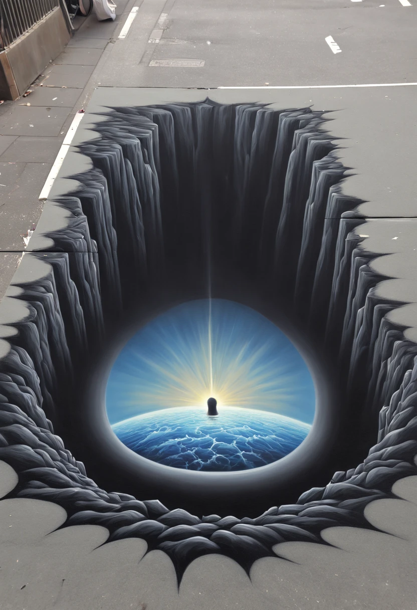 Optical Illusion art, Optical Illusion effect, trompe l'oeil, 3d street painting of black hole, hand draw, reality, fantasy art, enhance, intricate, (best quality, masterpiece, Representative work, official art, Professional, 8k)