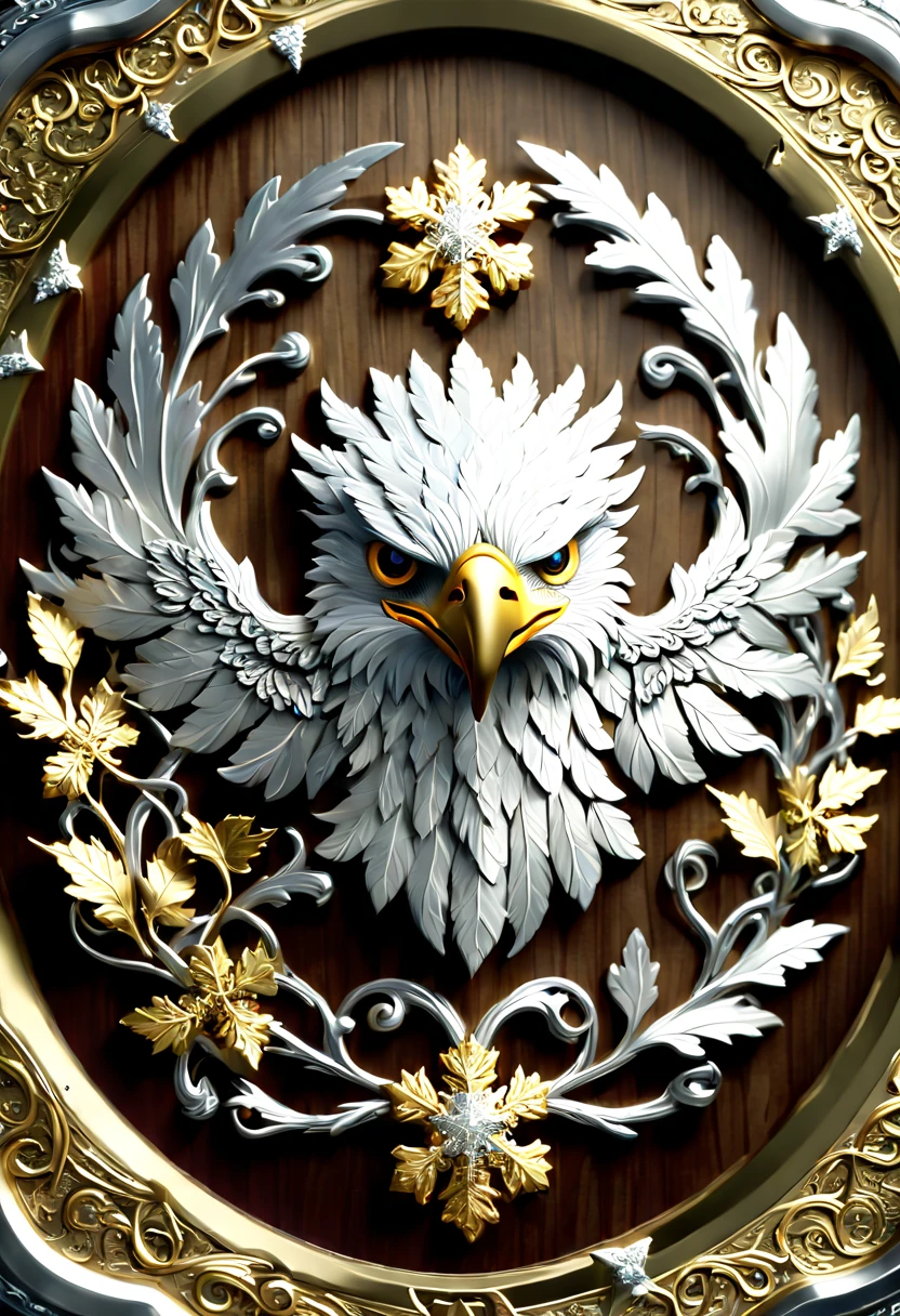 (8 thousand, 16,000, award-winning, best quality, highest resolution, super detail, high detail, anatomically correct, masterpiece, amazing beauty), (金属Shields: 1.3), eagle image , Shields, Detail decoration, Snowflake Sculpture, exquisite craftsmanship , Legendary Shieldss, Rare and precious, intricate details, , There are no gems, (Ancient characters are engraved on the inside of the Shields: 1.2), Perfect, platinum, White, gold and silver, Trapped in a world of vines.