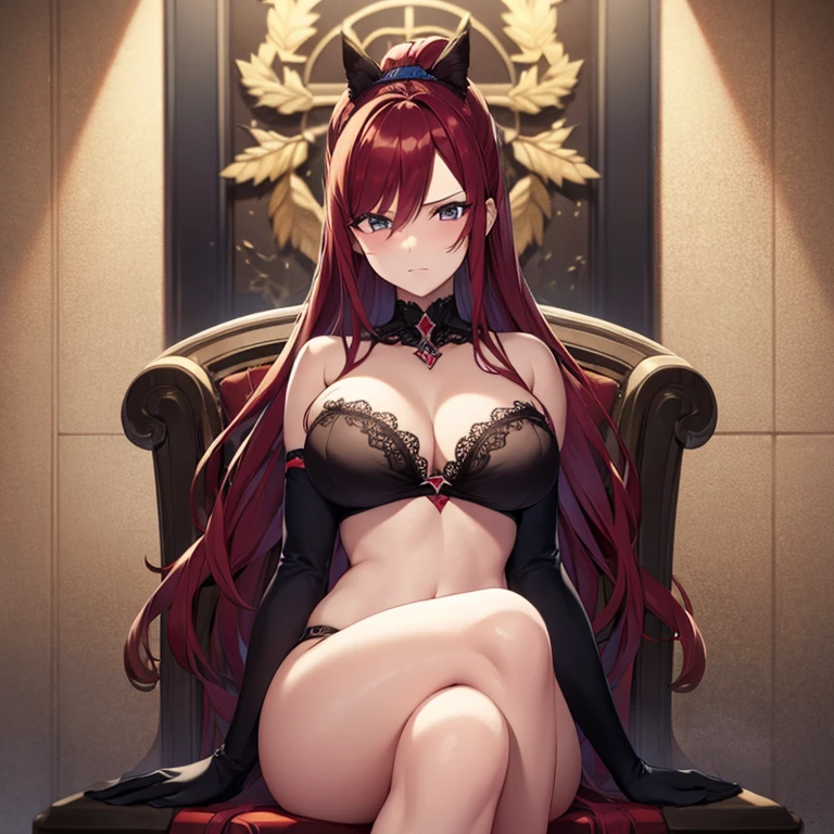 (masterpiece, highest quality, super detailed, best shadow), (detailed background), (beautiful and detailed face), high contrast, ((cinematic light)), colorful, hyper detail, intricate details, Depth of bounds written, 1 girl, alone,red hair, (ara ara mature femdom look), whore whore slut, Requires expression, domineering, domineering, seductive, (perfect beautiful face), from below, sitting