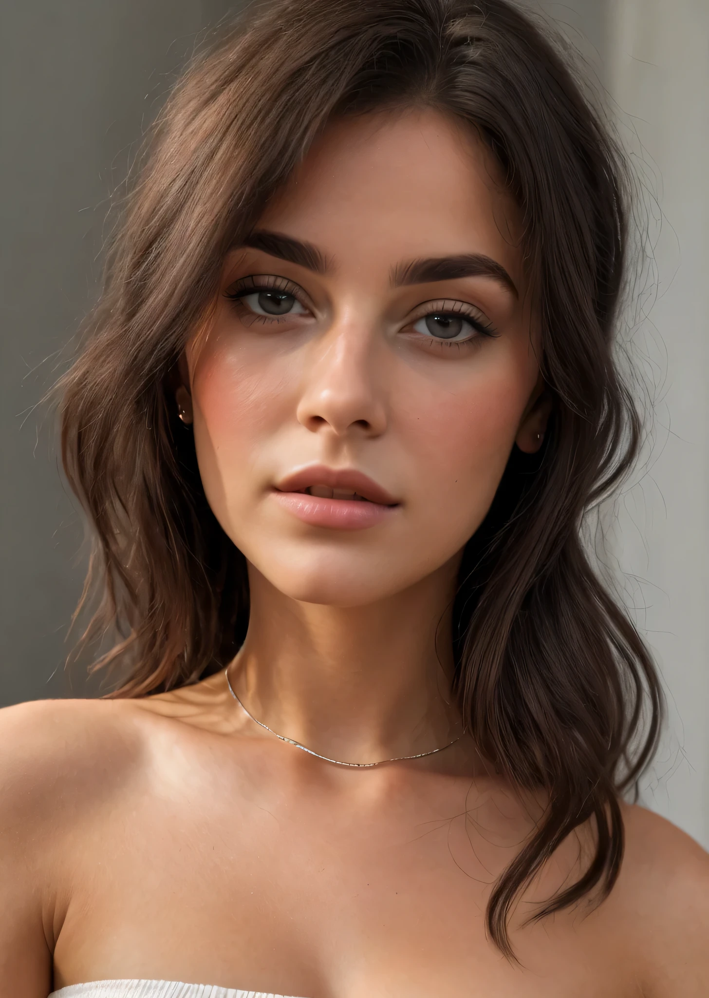 a selfie of a pretty young woman, taken with iPhone camera, close up, looking directly to camera, full face, dark hair, 
