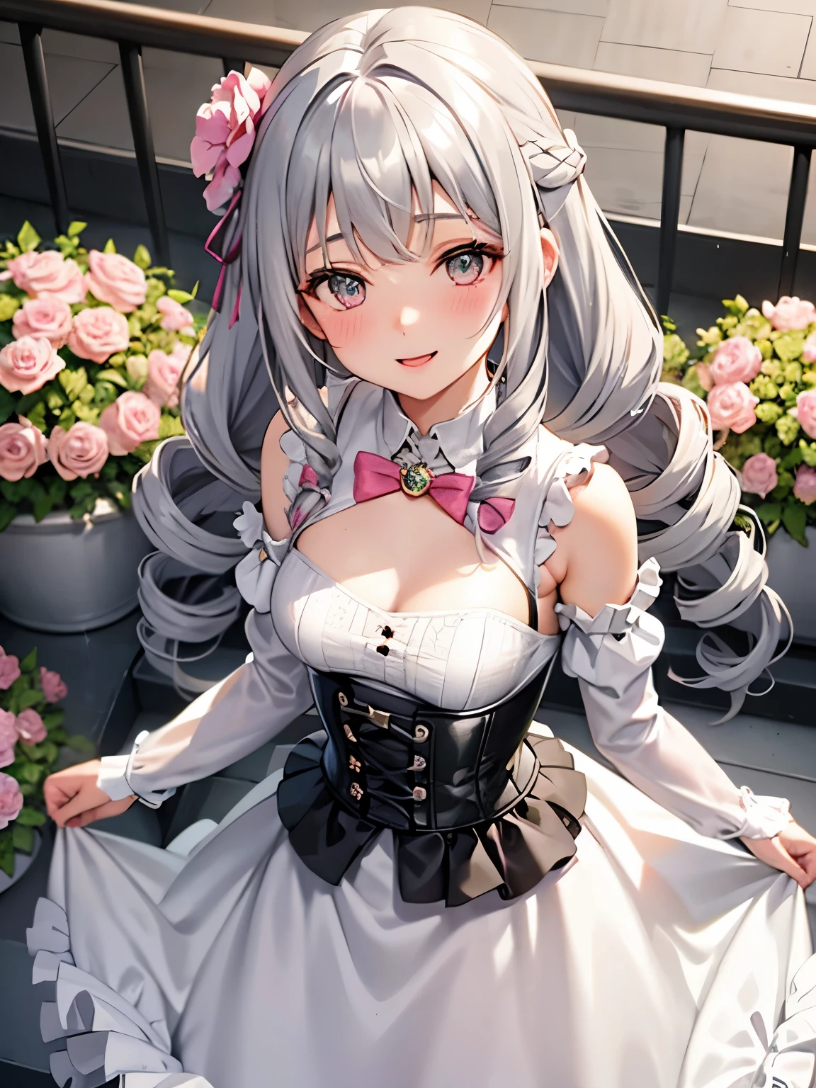 girl,cute,(gray hair:1.2),(long hair with curls:1.2),(Drill Curl:1.25),(With bangs),(Eye size:1.5),(Lace dress:1.3),(White corset:1.3),(blush:1.2),(small breasts:1.5),(big smile:1.25),(close up of face:1.4),(Background of blooming flowers:1.35),(white, pink, light blue, and yellow-green),looking up, (from front above:1.5),(going up on stairs:1.5),