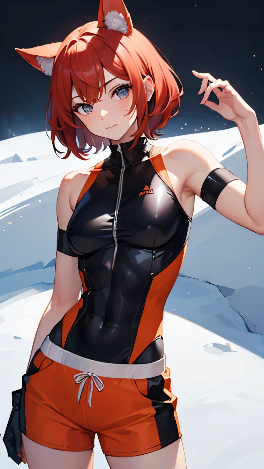 ((masterpiece, best quality, high resolution)), expressive eyes, perfect face, solo, 1girl, short hair, dark-red hair, orange sweater, orange shorts, black bodysuit, abs, muscular, fluffy ears, fluffy tail