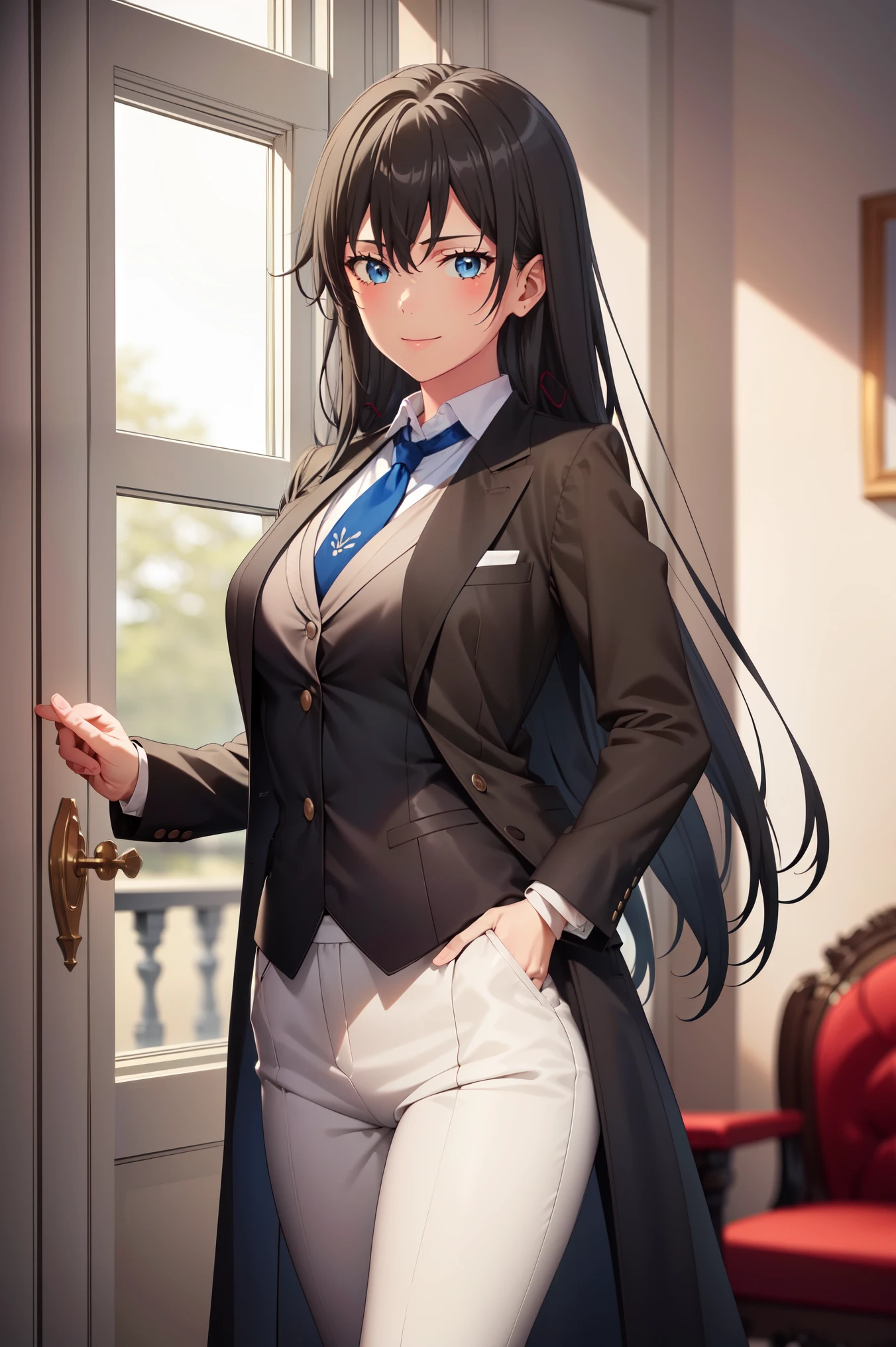 ((best quality)), ((masterpiece)), (detailed) 1girl 1girl, ;\), blurry, blurry_background, breasts, , hair_long looking_at_viewer, ok_sign, open_hand, Yukinoshita Yukino ,Woman wearing formal clothes, An attractive coat sitting on chair in the room , 1girl, 独奏, blue necktie, Black hair, eyes blue, long hair, smile , collared shirt, white pants, white shirt , Elegantly designed coat , Stand in front of a window ,Perfectly tailored tailcoat. It has a stunning Victorian design and is made of lustrous fabric , full body ,tailcoat butler suit, elegant pose, serene expression, flowing long hair, soft lighting, pastel color palette, detailed lace and embroidery, realistic portrait, fine brushwork, delicate facial features, captivating eyes, graceful gestures, refined atmosphere, vintage decor, polished silverware, elaborate floral arrangement, polished marble floors