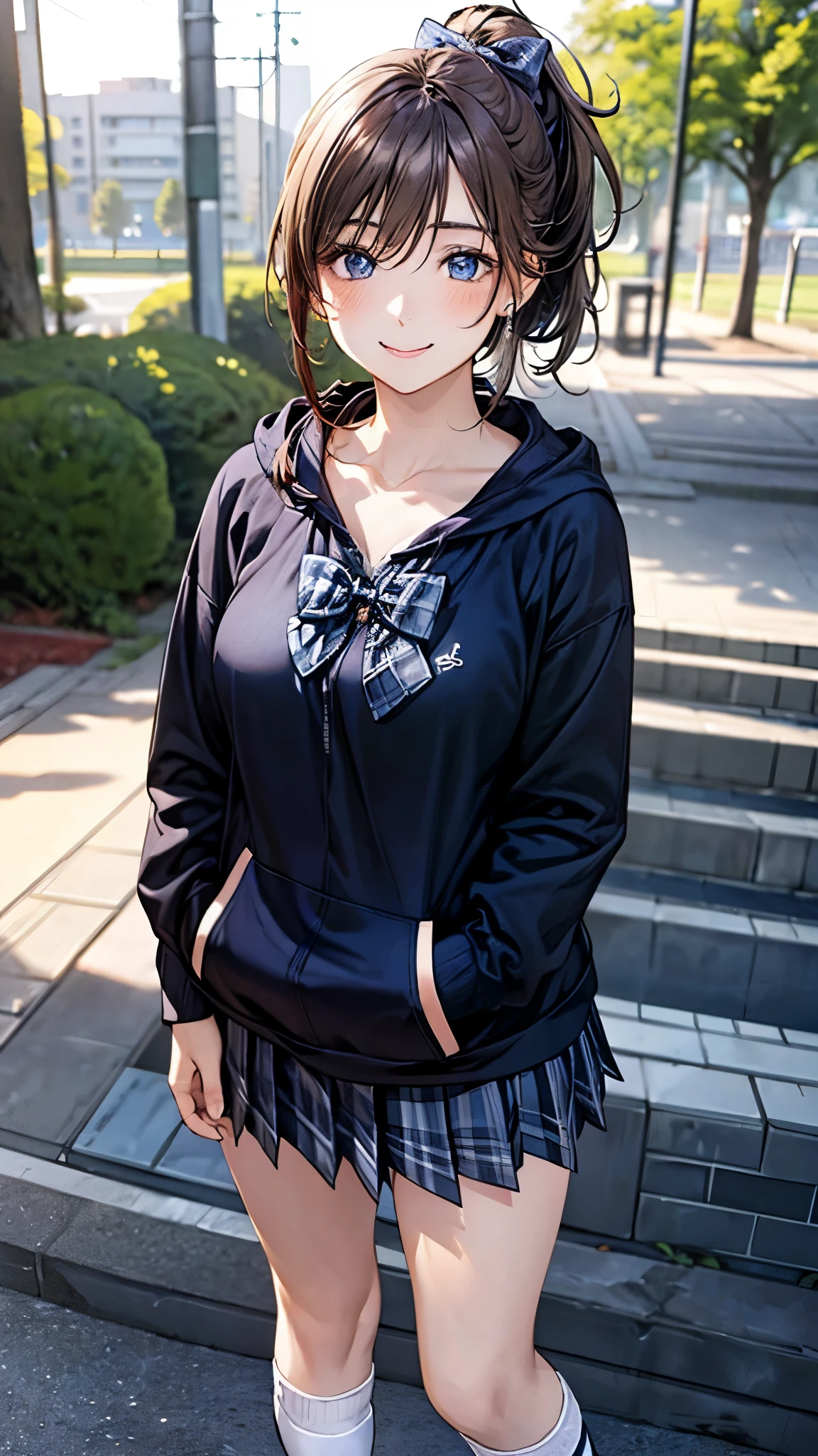 (masterpiece:1.2, top-quality), (realistic, photorealistic:1.4), beautiful illustration, (natural side lighting, movie lighting),
looking at viewer, full body, front view, 1 girl, japanese, high school girl, perfect face, cute and symmetrical face, shiny skin,
(short hair:1.2, ponytail:1.2, sidelocks, brown hair), hair between eyes, blue eyes, long eye lasher, (large breasts:0.6, seductive thighs),
beautiful hair, beautiful face, beautiful detailed eyes, beautiful clavicle, beautiful body, beautiful chest, beautiful thigh, beautiful legs, beautiful fingers,
(((black hoodies, open hoodies), long sleeve white collared shirts, navy pleated skirt, white loose socks, blue plaid bow tie ,)),
(beautiful scenery), evening, riverside, (hand in my pocket), , (lovely smile, upper eyes),