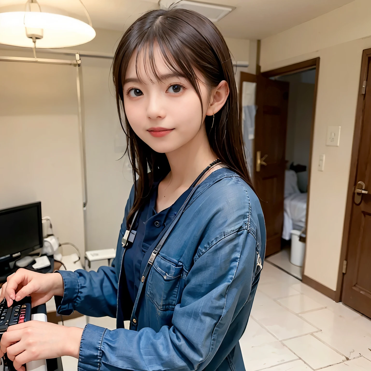 ((highest quality, 8K, masterpiece: 1.3)), woman, perfect skin, straight hair, latin aspects, female doctor, Examination at the hospital, delicate face, Hospital environment, Hospital Teacher,smile,joy,I'm wearing a dress