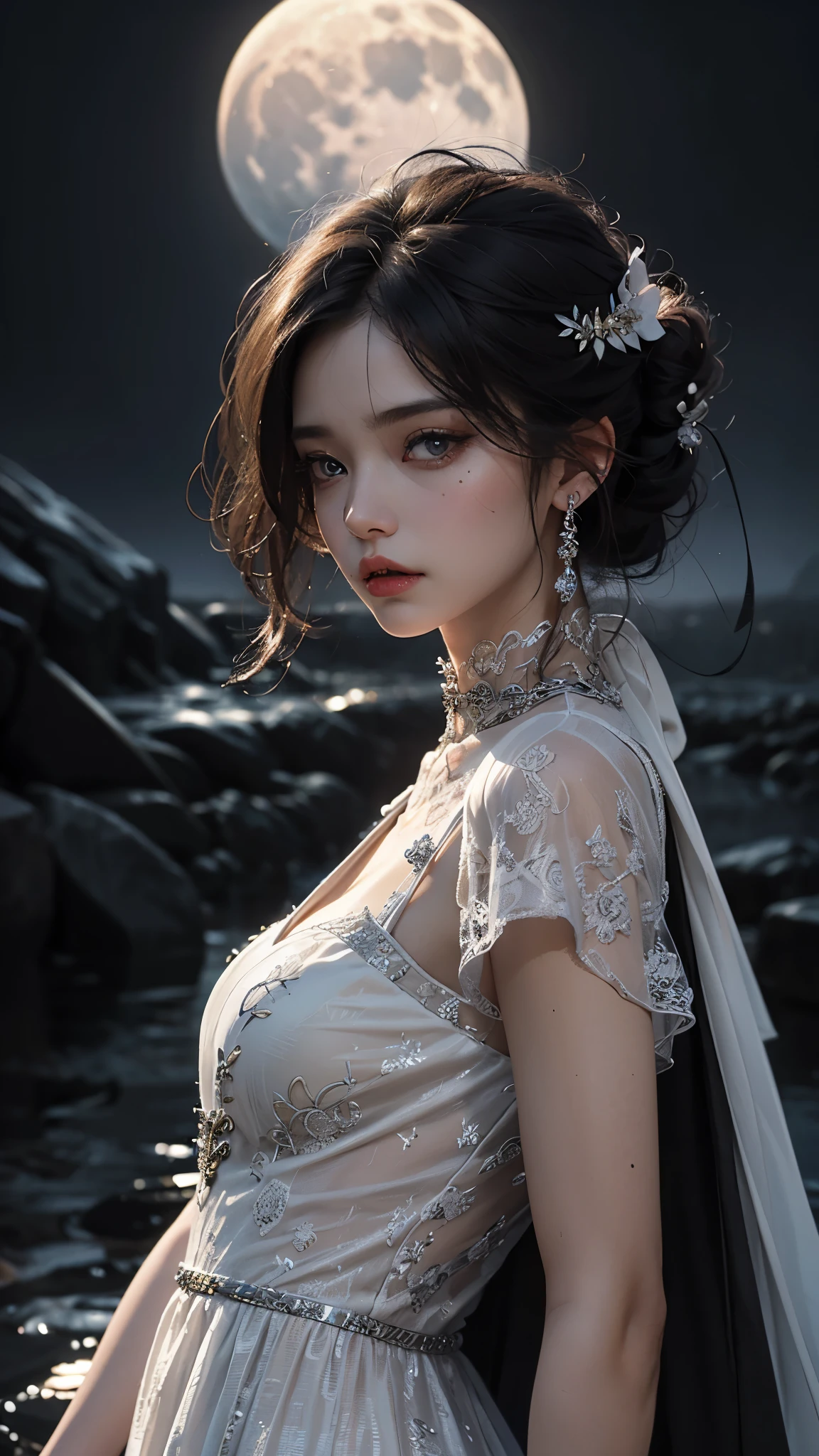 8K, ultra HD, very detailed, masterpiece, 1 girl, good face, detailed eyes, detailed lips, medium beasts, (very detailed dress:1.5), (devil dress), white color, darkness, moon background, heavy rain, scary scenery,