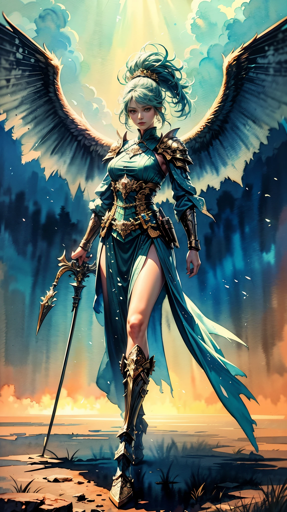 a full body picture of figures，Depicts a fantasy female warrior in a holding a staff。bright green eyes, standing in an imposing pose looking at the viewer，The expression is threatening。full battle outfit in shades of green。Soft, warm lighting highlights her thoughtful gaze。Create using：digital strokes、Reflect emotions、fantastic dream scene、Detailed character research、ambient color、chaotic atmosphere、glibatree tips、HD quality、Natural look。Focus on showing the power and of female warrior, (watercolor painting:1.5)，(Super high saturation, bright and vivid colors:1.5), (nsfw), (Look at the audience head-on:1.5)