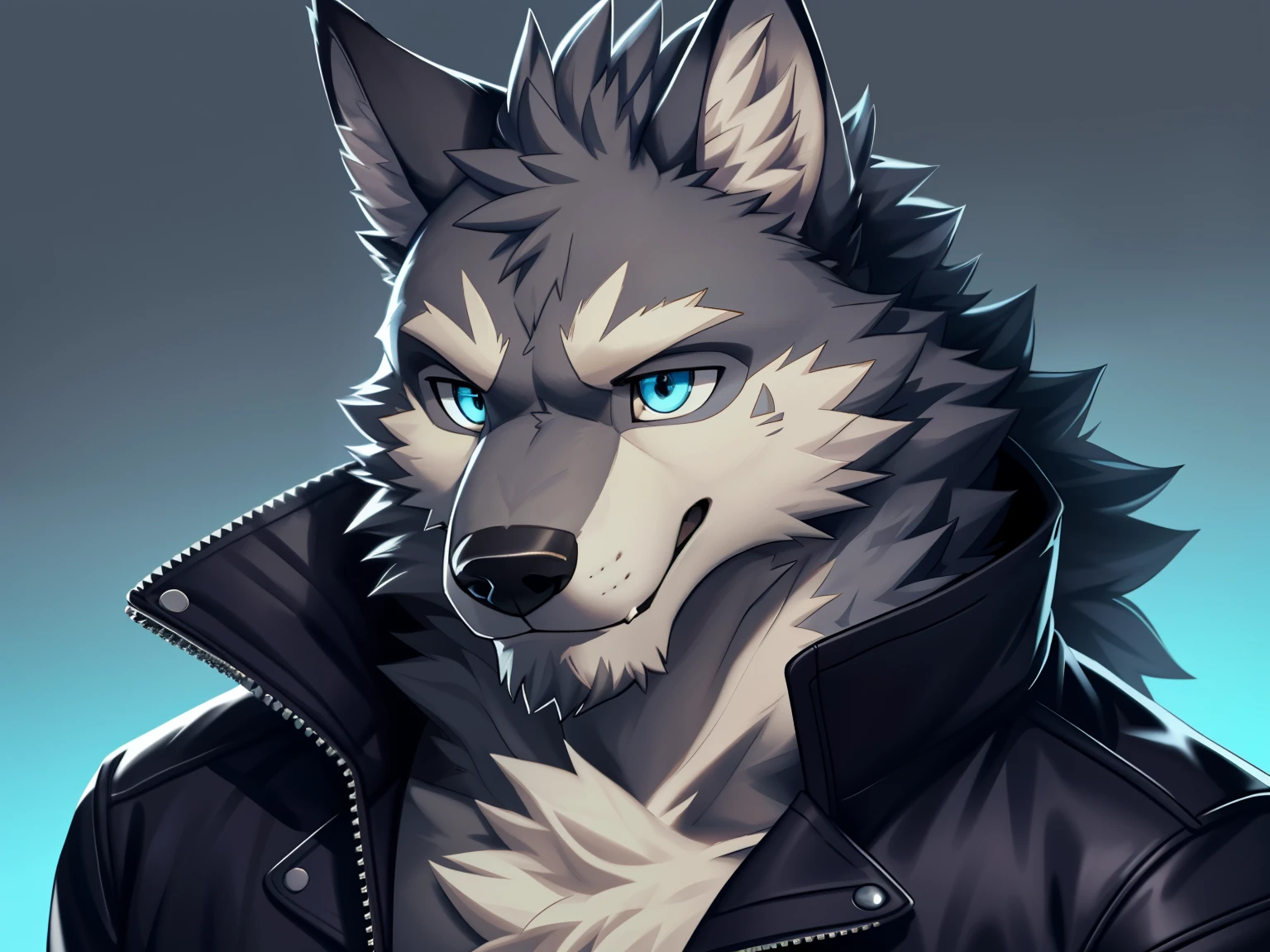 hairy，gray wolf，alone，simple background，
delicate eyes，super detailed，Delicate fur texture，CG，bust，Jacket，Blue pupils，fluorescent pupils，Soapwood background
