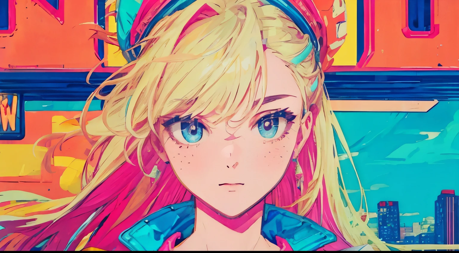 best quality, 4K wallpaper, masterpiece, extremely detailed CG unity 8k wallpaper, extremely detailed eyes, ultra-detailed, intricate details, close up 1 happy girl in center, retro art style, neon_pop art style, public, outdoors, road sign, city, people