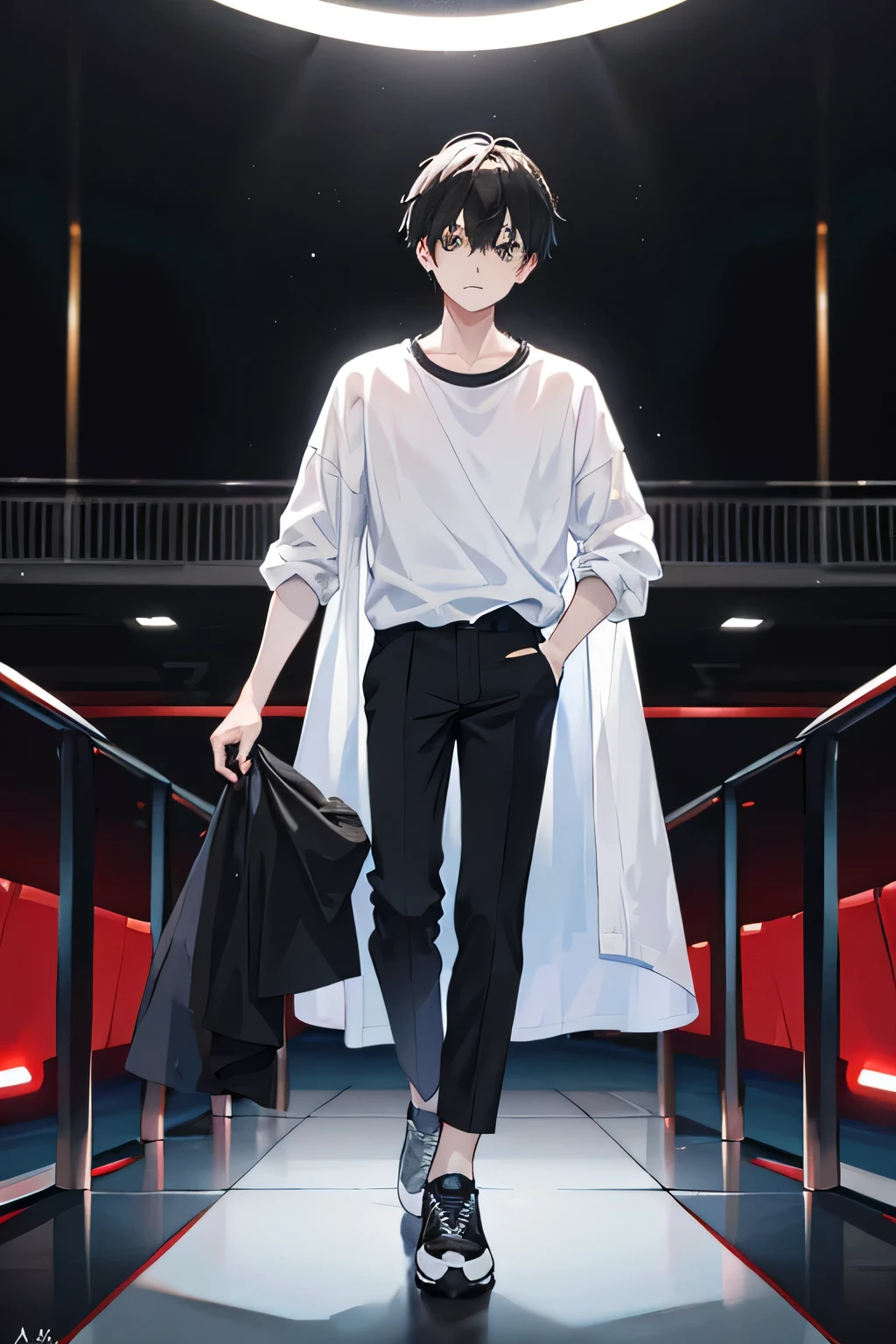 1 boy,stage,black suit+White T-shirt, External, Many people are looking down,coat,sports shoes